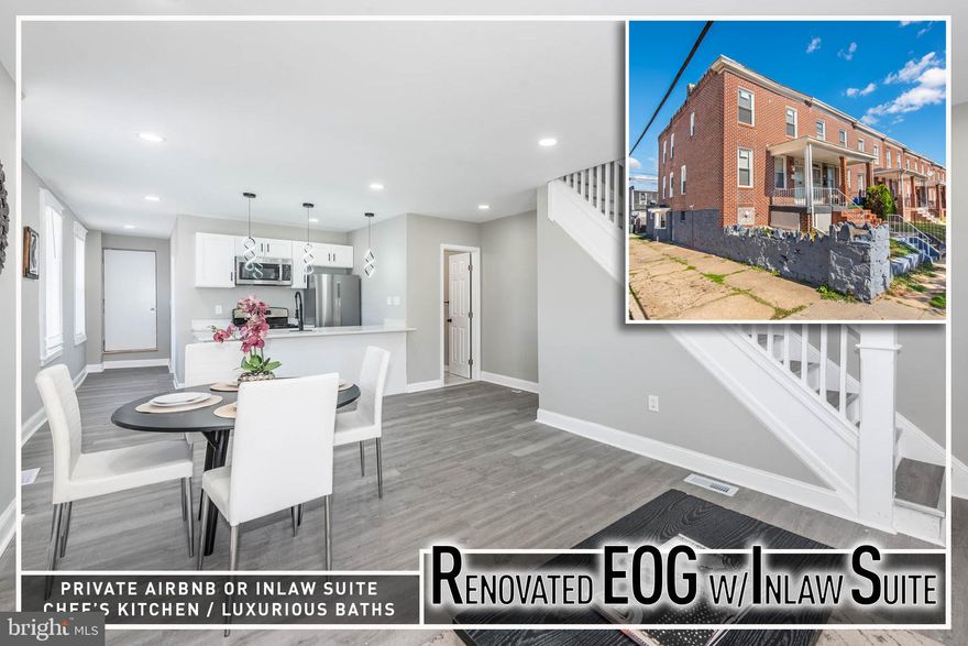 HIGHEST AND BEST OFFERS DUE BY NOVEMBER 7TH!! Incredible opportunity to own this large, newly renovated end-of-group rowhome featuring a separate basement unit — ideal for additional income, multigenerational living, or an Airbnb! This non-conforming 2-unit property offers over 1,900 sq. ft. of total living space and has been beautifully renovated throughout.  The main unit spans the main and upper levels and showcases an open-concept floor plan, a spacious living room, and a separate dining area perfect for entertaining. The gourmet kitchen is a showstopper with Quartz countertops, stainless steel appliances, a breakfast bar, and ample cabinet space. A main level bedroom and full bath provide flexibility for guests or home office use. Upstairs, you’ll find three additional bedrooms and a second full bath, all with thoughtful finishes and great natural light.  The basement unit offers its own private entrance and includes a large living room, full kitchen, two bedrooms, and a full bath—ideal for use as an in-law suite, guest quarters, or short-term rental.  With modern updates, versatile living options, and tons of space, this home is a rare find and a fantastic investment opportunity!