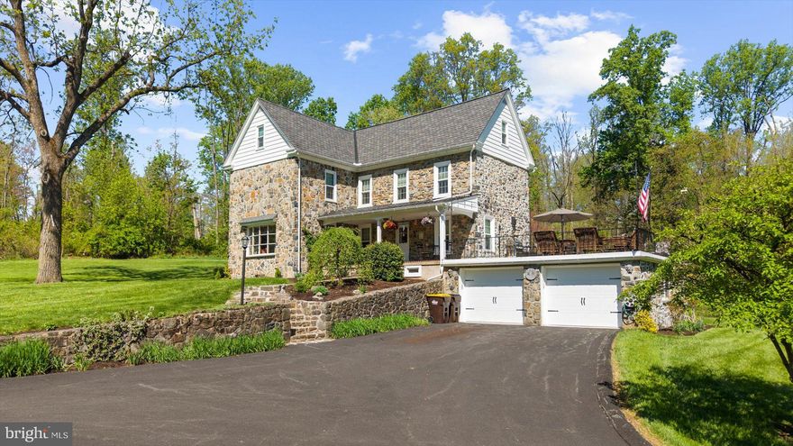 THE UTMOST IN PRIVACY! This three-story farmhouse situated on 3.2 acres has stood guard over Pottsgrove Mountain for 175 years, surrounded by 25 acres of open space, it is protected from development, providing the security of continual privacy and peace. Listed on the Upper Pottsgrove Township register of historic properties, the home was built circa 1850 entirely of local stone. It underwent a gut rehab in 1960 by the previous owner who added much of the custom trim and touches, and the current owners have meticulously performed additional renovations of mechanical, electrical, and plumbing systems, as well as increasing living space.  Oak hardwood flooring carries throughout the main level, through the open - concept living and dining room, the entire south wall exposed to the native stone, punctuated by a large fireplace with energy efficient wood-burning insert. The efficient and practically designed custom kitchen has stainless steel appliances and handcrafted solid wood cabinetry with pull-outs.  Three bedrooms, all with custom- built closets and shelving, can be found on the second level, along with a completely remodeled full bath with tub/shower.  In 2020 the third floor was beautifully renovated to add another bedroom, cozy bonus room (could be sixth bedroom), and full bathroom with shower. The views of the open and wooded space from this level are breathtaking.  The basement is partially finished with a laundry/mudroom and half bath. Plentiful storage space, utility room, and two car heated garage complete the basement.
On-site water with filtration system, modern at-grade peat septic system, hot tub, and renovated yet period-appropriate 18 x 18 shed. Four-zone heat, high velocity central AC system, 400 amp electrical service and portable generator connection that powers all essentials. The driveway was completely reconstructed and paved, and there is plenty of firewood available to harvest. Complete privacy as the home is enveloped with mature forest, nearest neighbor being more than 1000 feet away. Five minutes from Route 100, 12 minutes from Route 422 and a certified arboretum and township walking trail border the property, truly the best of both worlds! Please respect that this is a private drive, do not enter property without an appointment!