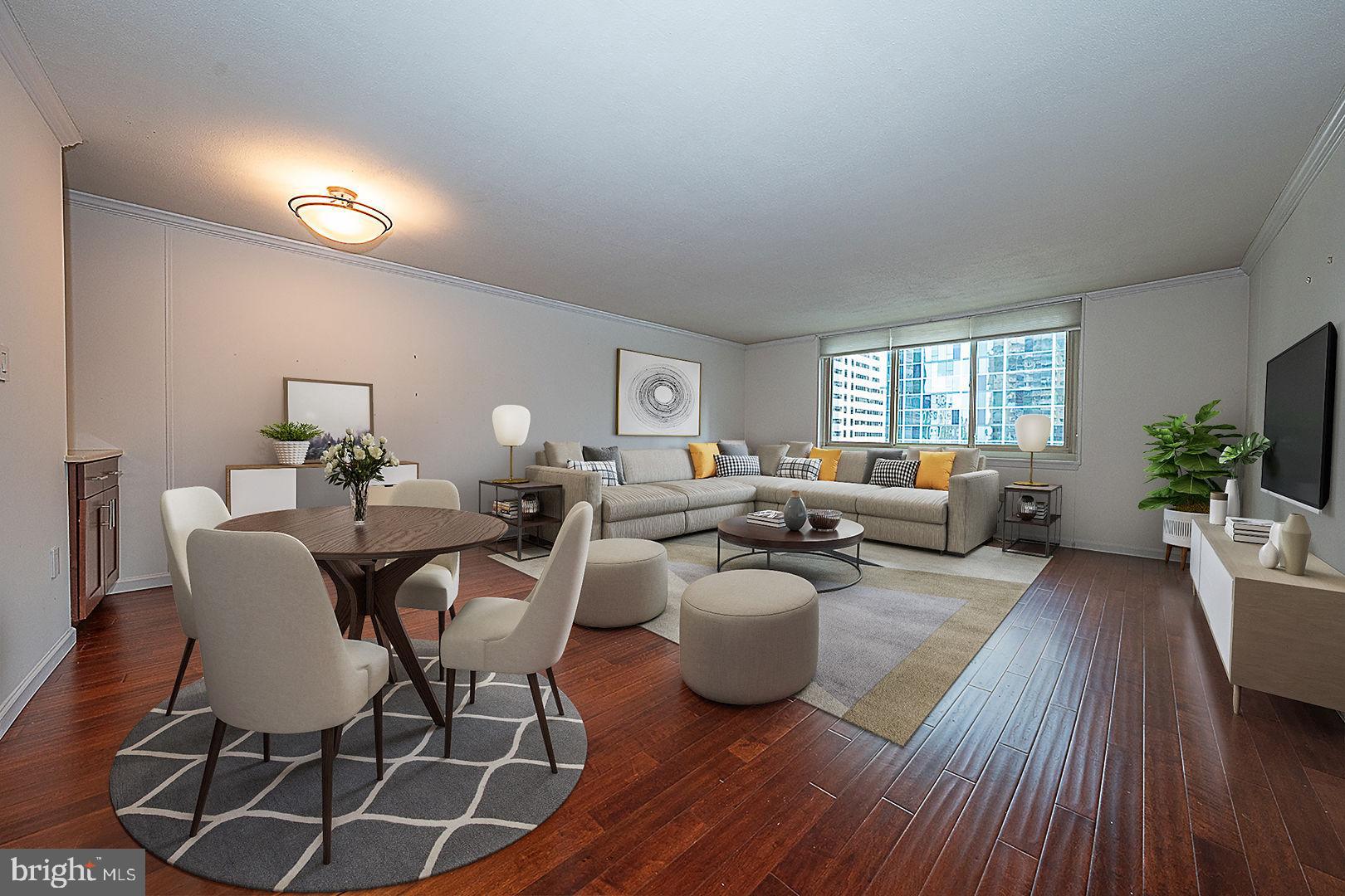 Welcome to this spacious 1-bedroom, 1-bath residence located on the desirable north side of the William Penn House. With 867 square feet of thoughtfully designed living space, this updated unit offers both comfort and style in one of Philadelphia’s most iconic buildings. Step into the open-concept living and dining area, where beautiful wood floors and abundant natural light create a warm and inviting atmosphere—perfect for relaxing or entertaining. The updated kitchen features sleek stainless steel appliances, a convenient breakfast bar, and ample cabinet space, making it a joy to cook and dine in.
The generously sized bedroom includes a large closet. The hall bathroom boasts modern finishes and a walk-in shower. Additional highlights include in-unit laundry for ultimate ease and comfort. The William Penn House has 24-hour Security, 24-hour Doorman, On-Site Management, On-Site Maintenance, Amazing Rooftop 25-meter Swimming Pool w/ breathtaking views, Complete Fitness Center, On-Premises VALET PARKING available for $80 per month, THE MONTHLY FEE INCLUDES ALMOST EVERYTHING: All Utilities including electric, heat, air conditioning, water & basic cable, All Real Estate Taxes & Maintenance Package. This unit has an abundance of closet space, Washer and Dryer in unit, & newer top-of-the-line windows. This spectacular building has NEVER HAD AN ASSESSMENT! Nominal real estate transfer tax & no title insurance required. Experience the ability to walk out your door to first class, 4-star restaurants, fabulous shopping & all the conveniences of this sought after neighborhood. Walk score is a 98! WE NOW HAVE 30 YR. FIXED FINANCING W/20% DOWN PAYMENT. One time admin fee paid at closing.