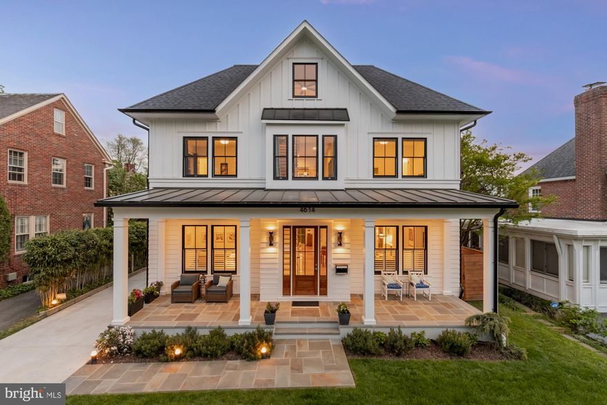 Tucked away in peaceful Chevy Chase West, this custom-designed farmhouse style home with an elevator offers perfect contemporary comfort. Completed in 2021, and offering nearly-new construction, this exquisite home, with over 5,000 square feet, is at the vibrant center between downtown Bethesda, Friendship Heights, two Red Line Metro stations, and major bus routes. Showcasing a striking façade with handcrafted trim, a very large inviting front porch, and a stone walkway, the home promises memories to come! Inside, refined finishes include wide-plank oak hardwood floors, crown moldings, soaring ceilings, and oversized windows that flood the home with natural light. An elevator connects three levels! Designed for relaxed entertaining, the expansive main level includes a formal living room (or first-floor home office or even a bedroom) and a formal dining room. An inviting family room with a fireplace opens into a chef’s kitchen outfitted with GE Monogram appliances, a 6-burner gas stove, quartz countertops, a large island, custom cabinetry, a wet bar, and a walk-in pantry. French doors lead to a lovely screened flagstone porch with a well-landscaped backyard, offering a sense of privacy. A side mudroom is adjacent to the detached one-car garage with an EV charger, which could offer an exciting opportunity for conversion to a studio or office space. The back and side yards are fully fenced; the screened porch includes 5 custom solar shades to block all the wonderful sunshine out back. On the second level, the primary suite is sunny and relaxing, featuring two oversized walk-in closets and a luxurious marble bath with dual vanities, a frameless glass shower, and a soaking tub. Two additional bedrooms with ensuite baths and generous closets, as well as a generous laundry room, complete the second level. The third level offers additional versatility with a bedroom, full bath, and a lofted space perfect for a home office or private retreat. Throughout the entire home, custom blackout blinds, indoor shutters, and curtains add to this home's appeal. The finished lower level is a dream, with a massive recreation room, built-in bar, guest suite, full bath, and a large room suitable for exercising, weights, and yoga. A separate entrance to the lower level would make this perfect for an au pair or in-law suite. This section of Chevy Chase is just blocks from Norwood Park (soccer, baseball, tennis), Little Falls Park, and the Capital Crescent Trail. You'll find grocery stores, myriad restaurants, cafes, boutique shopping, gyms, Bethesda Public Pool and even an Apple Store nearby. This is a rare opportunity to live in a luxurious home with all modern comforts.