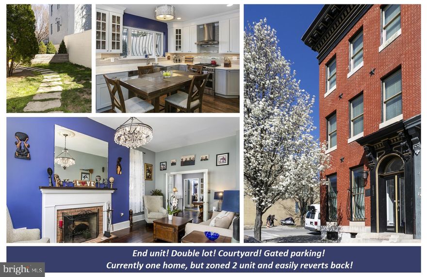 Conveniently located in Union Square! End-unit! Situated on a DOUBLE LOT that runs the entire length of the block! An astounding 3,078 SQUARE FEET of finished space in sophisticated style! Presently used as one immense residence, this home is a legally zoned 2-UNIT and can easily be returned to such by simply enclosing the doorway at the side entrance, which will separate the secondary staircase to the rear apartment (2 bedrooms, 1 full bathroom, living room, and kitchenette) from the main house. Use it as an in-law suite, guests’ quarters, space for an older child, or as an income-producing rental – the sky’s the limit… Historic charm and modern amenities perfectly converge at this truly one-of-a-kind property. Unmatched character prevails throughout in the hardwood floors, French doors, dual staircases, and elegant chandeliers. The double wood doors and the exquisite staircase in the foyer create a feeling of grandeur as you enter the home. The living room, with its wood-burning fireplace, is the ideal place to relax or host guests! For more formal affairs, step through the French doors into the dining room which will accommodate a table of nearly any size! Beyond the dining room, your gourmet kitchen makes meal preparation easy with its abundant cabinet storage, sprawling quartz countertops, and stainless steel appliances! Directly accessible from the kitchen, your private lush-green courtyard offers the perfect outside oasis and the optimal place to dine al dente under the stars. The second floor is largely dedicated to your expansive Primary Suite which features a gas fireplace, dressing room with 3 separate closets!, and private bathroom. Also positioned on this level are the laundry room (how convenient!), a fully renovated and well-appointed bathroom, and the living room and kitchenette for the apartment. The top level of this home boasts the four remaining spacious bedrooms and an additional full bathroom (two of the bedrooms and the full bathroom become part of the apartment if the home is reverted back to a 2-unit). Don’t miss the unfinished basement which runs the entire length of the house, provides a tremendous amount of storage, and prevents your living space from getting cluttered! To top it off, your new home has a private, gated rear parking pad; you’ll never be burdened with street parking again! What are you waiting for? Schedule a showing today; this home won’t last long!