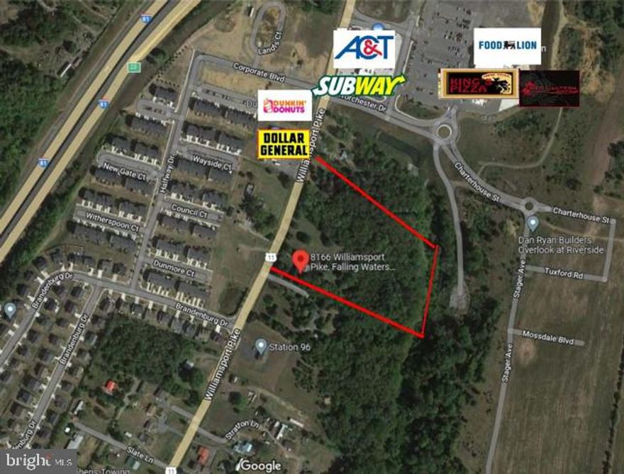 DEVELOPMENT OPPORTUNITY NEAR HIGHWAY! 5.53 acres of development land on Rt 11 in Falling Waters, WV just off Interstate 81. There are public utilities available at the site. Several large housing developments are across the street and just down the road. Nearby retail includes an anchored shopping center with Food Lion and several pad sites including Dollar General and Dunkin Donuts.


Recent boundary survey completed, as well as conceptual drawings for hotel, retail and multifamily, which are some of the ideal uses for the site, though Berkeley County, WV has incredibly favorable zoning and land use laws, which allow for other possibilities.

 

There is a small house on the site on a month to month lease that generates $700/month.