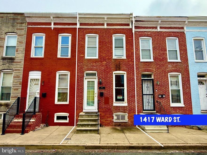 𝐖𝐄𝐋𝐂𝐎𝐌𝐄 𝐓𝐎 𝟏𝟒𝟏𝟕 𝐖𝐀𝐑𝐃 𝐒𝐓𝐑𝐄𝐄𝐓! — a charming brick interior rowhome nestled on a cute, established block in Baltimore City. This classic 2-story home (circa 1875) offers approximately 1,368 total square feet including finished basement space , blending historic character with practical living space.

The home features 3 bedrooms, 1 full bath, and 1 half bath , along with a traditional rowhome layout and a finished basement that adds flexible space for storage, recreation, or home office use. Brick exterior and city utilities provide durability and convenience.

Located in an R-8 (General Residence District) , the property sits on a quaint residential street with classic Baltimore charm and close proximity to parks, major commuter routes, stadiums, and neighborhood amenities.

Property offers an excellent opportunity for an owner-occupant or investor seeking a solid home in a welcoming neighborhood setting. Buyer to verify all ground rent, zoning, and due diligence items. Property sold as-is.