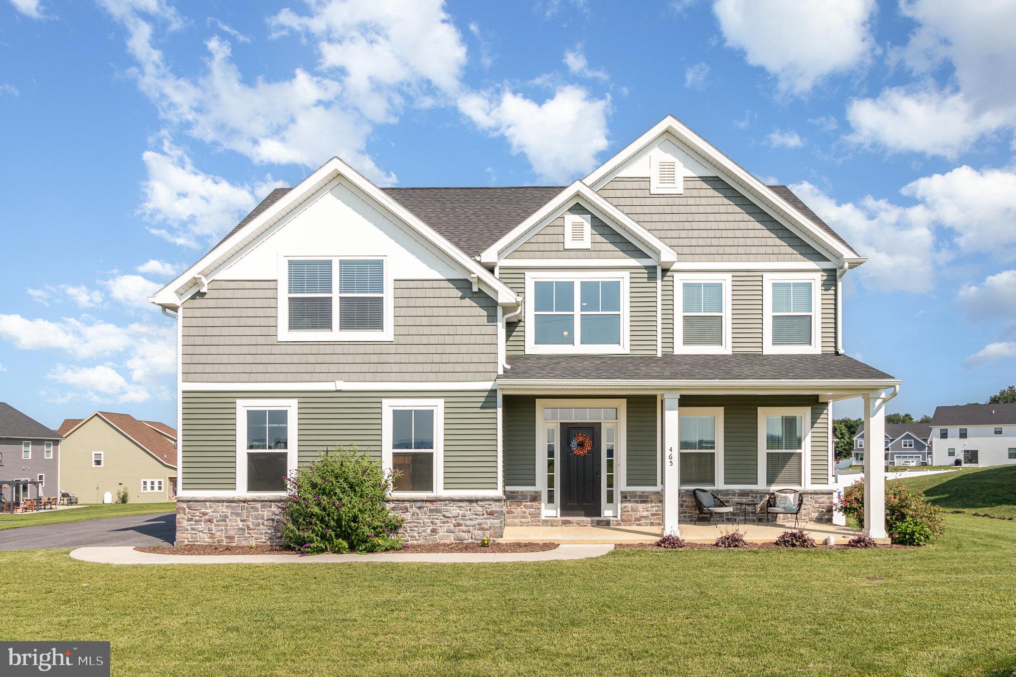 Welcome to 465 Winchester Drive - a beautifully maintained, one-owner home built in 2021, located
in the sought-after Grand Point Crossing area of Chambersburg. This spacious 4-bedroom, 2.5-bath home
blends modern layout, quality finishes, and thoughtful design in a neighborhood known for its scenic charm and convenience, and best of all, no HOA! Step inside to a bright two-story foyer and an open-concept layout connecting the kitchen, breakfast nook, and family room, perfect for everyday living and entertaining. The kitchen offers ample cabinet space, generous counter space, and all appliances are included. A separate dining room, half bath, and access to the inviting covered front porch complete the main level. Upstairs, you’ll find four generous bedrooms, including a spacious primary suite with tray ceiling, walk-in closet, and full bath with dual vanities and soaking tub. The second full bath and convenient upper-level laundry offer added ease. Enjoy outdoor living on the backyard patio under the included pergola, or put your stamp on the unfinished basement, a blank canvas for your future plans. Deed restrictions apply, but there is no homeowners association, offering flexibility and freedom. Set in the Grand Point Crossing area, this home offers peaceful neighborhood living with easy access to parks, walking trails, local shopping, and dining. With pride of ownership, modern layout, and a fantastic location, this is one you won’t want to miss!