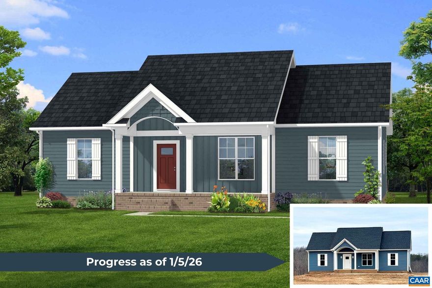 Modern comfort meets peaceful rural living in this beautifully designed home featuring the popular Bluestone Creek floor plan a 4 bedroom, 2 bath home. The open concept great room boasts a soaring cathedral ceiling and flows seamlessly into the dining and kitchen areas, perfect for entertaining and everyday living. The kitchen shines with granite countertops, Merillat cabinets, a central island, and pantry, while durable LVP flooring extends throughout the main living spaces. Enjoy serene country life on a private 2.7-acre lot in desirable Buckingham County, just 20 minutes from Scottsville and Dillwyn, close to schools, amenities, and recreation. This home offers the perfect combination of modern design and natural charm.