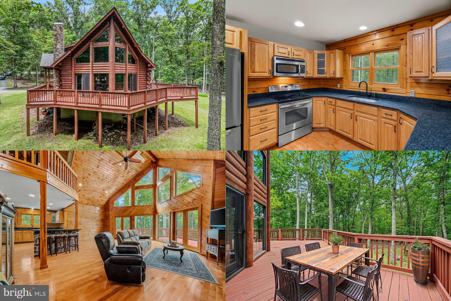 Custom Log Home Retreat in Gated Mountain Community
Experience mountain living at its finest in this stunning, custom-designed 8" D-log home, nestled in a peaceful, gated community just 30 minutes from the charming town of Berkeley Springs. Known for its friendly people, welcoming community groups, quaint shops, weekly farmers market, and the historic Berkeley Springs State Park with a public swimming pool, this area offers both natural beauty and small-town charm.
Inside, floor-to-ceiling windows flood the home with natural light and offer year-round views—snow-covered mountaintops in winter, lush greenery in spring and summer, and a vibrant show of autumn colors. The living room features a genuine stone front fireplace with blower, and the kitchen is a chef’s dream with custom oak cabinets, soft-close drawers, three lazy Susans, and a gorgeous walnut bar top.
Every room features solid pine floors, with oakwood flooring throughout and tile in the bathrooms. The main-level bath is a true showpiece, complete with a custom antique vanity, rock stone sink, and matching mirror. Upstairs, an oversized Roman shower with dual heads and floor-to-ceiling tile adds a luxurious touch.
A large wraparound deck is perfect for soaking in the views or enjoying visits from hummingbirds, deer, chipmunks, and squirrels. The home is also fully accessible, with a handicap-friendly ramp and extra-wide doors.
The private community offers river access for fishing, boating, and swimming, plus bathrooms, showers, picnic tables, and fixed charcoal grills for relaxing weekends outdoors.
This one-of-a-kind home blends craftsmanship, comfort, and natural beauty—perfect for those seeking peace, community, and a connection to nature.