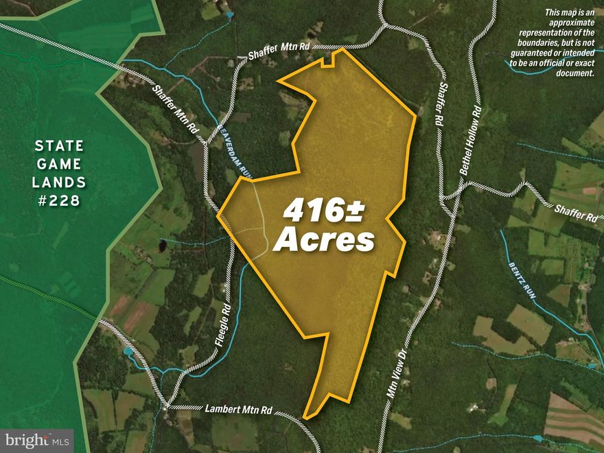 416± OUTSTANDING ACRES IN BEDFORD & SOMERSET COUNTIES! A true hunter’s paradise and whitetail haven, this property has a proven history of producing trophy deer, along with abundant bear and turkey. The land is primarily flat to rolling, featuring 8.5 miles of maintained wooded trails for easy access throughout the property. Approx. 1.5 Miles of ridgeline provide breathtaking 60-mile pastoral views of Bedford County. Beaverdam Run, a designated Brook and Brown Trout stream, flows through the property with approximately 2,000 feet of frontage. Additional highlights include road frontage on both Shaffer Mountain Road and Fleegle Road, extensive wild blueberry patches, and  timber species including oak, maple, hemlock, cherry, birch, and more. Less than half a mile from State Game Lands 228, this property is truly an outdoorsmans dream! Property is in clean and green. There is a current hunting lease on the property which expires May of 2026. A good survey has been completed and is available. This property will be offered at auction on Friday, October 24, 2025, at 1:00 PM.  The List price in no way represents a minimum, starting, or acceptable bid.