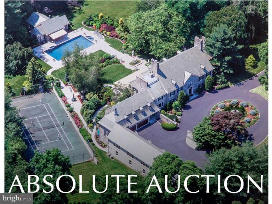 ABSOLUTE AUCTION! Starting bid $2 million! Previously listed for over $6 million, this property owned by well known celebrity Pat  Croce, will be sold to the highest bidder on auction day, October 25th, regardless of price! Opportunities to own such a dream property on the Main Line come along very rarely. This is your time to take advantage of this incredible buying opportunity! As you enter this gorgeous luxurious and timeless stone colonial mansion you are drawn to the beautifully inlaid marble floors and the dramatic dual butterfly staircase that lead you to the upper levels. The home features 5 fireplaces, recently remodeled large master suite with separate his and her baths. The large inviting chef's dream kitchen, incredibly landscaped grounds with regulation tennis court, beautiful pool with detached pool house make this home perfect for entertaining or just enjoying quiet weekends on the sprawling country Estate.