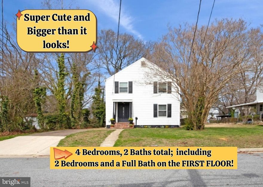 Showings start tomorrow,Tuesday, 3/31/2026! WOW! This  MOVE-IN READY, 4-BEDROOM, 2- BATH home is an INCREDIBLE VALUE, with a first floor addition making it Much LARGER  than most in the neighborhood!  Charming and WELL-MAINTAINED, this  home also offers numerous UPDATES including fresh paint, new carpeting and tile! ✨ Approaching the home, the front yard is  framed by picturesque mature crepe myrtle trees that burst into vibrant bloom each spring.  Brick steps lead up to the covered front entry porch, where a beautiful front door with sparkling leaded glass welcomes you inside. ✨ Step into the SPACIOUS living room that flows seamlessly into the bright dining room, with LAMINATE FLOORING throughout the main living areas. ✨ The REMODELED KITCHEN is a standout feature, offering painted cabinets and updated tile flooring, countertops, backsplash, appliances, and lighting! ✨THE FIRST FLOOR also includes TWO BEDROOMS with plenty of closet space, along with a  FULL BATH, refreshed with a new vanity top and flooring. ✨ Upstairs you’ll find TWO ADDITIONAL BEDROOMS, including an ample PRIMARY BEDROOM with an extra-large WALK-IN CLOSET/DRESSING ROOM—perfect for getting ready in style! The upstairs full bath has also been BEAUTIFULLY  RENOVATED AND ENLARGED. ✨ The  BASEMENT provides a LAUNDRY space with washer and dryer,  abundant storage space, and a semi-finished BONUS ROOM  that could be used as a home office, WORKSHOP or hobby space.  A  portable SUMP PUMP helps keep everything dry and provides valuable peace of mind. ✨ Outside, the SPACIOUS BACKYARD offers plenty of room for gardening, recreation, or simply relaxing, and a shed provides additional storage. ✨ ADDITIONAL UPDATES include:  WINDOWS (2018 & 2025), Water heater (2017), roof (2015), along with replaced toilets, sinks and light fixtures! ✨ Located in an established neighborhood experiencing ongoing REVITALIZATION, where many of these vintage homes continue to be remodeled and renovated. CONVENIENTLY LOCATED CLOSE TO the PAX RIVER NAS BASE and just minutes from shopping, dining, and everyday amenities, this home offers SPACE, VALUE, and LOCATION—SCHEDULE YOUR TOUR TODAY! ✨