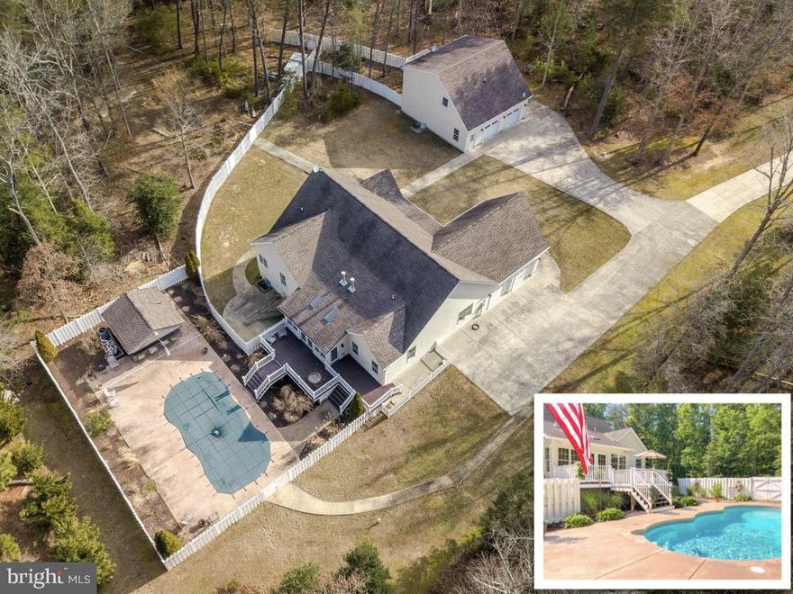 Everything you have always wanted and more! Where else are you going to find this much privacy nestled in 18.17 acres in Leonardtown with all that this home has? This is not your typical Cape Cod. There is no second story here.  Nine foot+ ceilings, cathedral ceilings and an open floor plan that give you so many options.The main house has all tile and hardwood flooring with the exception of the carpeted steps that lead you to the fully finished basement. Large family room with a cathedral ceiling, recessed lighting,  gas fireplace, tile flooring, archway to enter into your sunroom.  A bar that seats into your  gourmet kitchen.  The expansive open kitchen is perfect for entertaining with island seating and a huge pantry to store everything you need! Granite countertops, stainless steel appliances, tile flooring, recessed lighting. This kitchen will appease even the pickiest chef! Off of the kitchen you will find a separate formal Dining area with crown molding, chair rail and hardwood flooring. There are three bedrooms on the main level and two additional bedrooms in the basement.  The primary bedroom on the main level has its own separate sitting area. The upgraded primary bathroom has a jetted soaking tub with double sinks and granite countertop.  The large walk-in closet has many built-in’s which will be wonderful for organizing your wardrobe. The Laundry room on the main level is separate with it’s own laundry sink and built in shelving for storage. The sunroom off of the family room has tongue and groove wood ceilings with skylights that let in optimal daylight that requires no switch.  Tile flooring makes clean up a breeze. French doors lead out to your trex decking with vinyl rails for maintenance free living!   The full finished basement has its own separate kitchen should you decide you would like to use it as an In-law space or possibly a rental. Two large bedrooms, a workout room that could also be used as another sitting room or office in addition to the large open media room that has pre-wiring for a projector complete with fireplace for ambience and warmth makes this a cozy place for your next movie marathon!  There is also a game room area that will fit a pool table quite nicely that opens up with French doors to the walk-up stairs for pool access.  The full bathroom in the basement has a clawfoot tub to relax in after a long day. The spacious back deck leads to the inground salt water low maintenance pool complete with pool bar/cabana with granite countertop,  refrigerator and bathroom with plenty of storage.  TV, refrigerator and barstools can convey! Oversized two car detached garage has room for a workshop with a built-in separate storage area behind it complete with a full bathtub to make washing pets a breeze! Upstairs you will find the apartment with a full kitchen and a large open area to make a dining room/family room/sitting area. There is a Large bedroom with a huge walk-in closet complete with built-ins. There is also a stackable washer and dryer here and a full bath. The pantry is huge!There is a lovely trex balcony with vinyl railing overlooking the private wooded backyard. Sidewalks lead from the detached garage/apartment to the house.There is no HOA here!There is so much to see, you must schedule fast...this is the one you have been waiting for. *Upper level home measurements/specifications are for the detached garage apartment.*