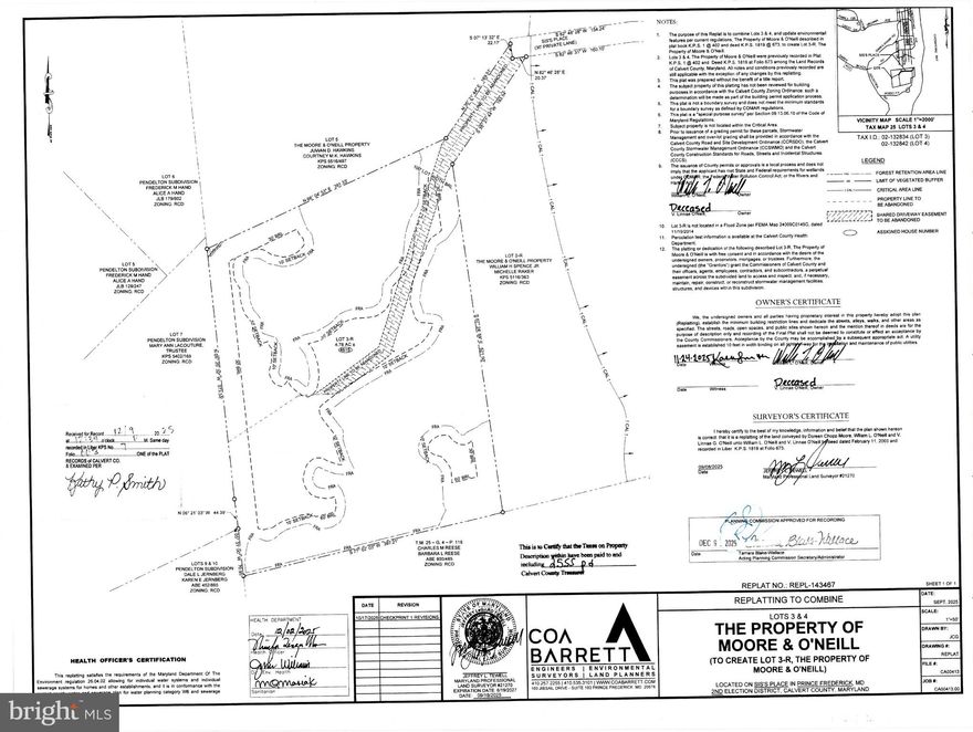 4.78  private acres  in Prince Frederick with seasonal Bay view.  Two valid percs through February  2026, Seller  in the process of having them renewed now.  Beautiful building  sites  with NO HOA, NO COVENANTS!!!! Bring your boat, bring your camper!!! Secluded spot  within 5 minutes of schools, shopping, health care, restaurants, aquatic center, etc. 
This parcel  has recently been legally replated from the original two lots (Lots 3 and 4) to be ONE building site. Thus no expensive road needs to be built, can just  have a d driveway for access.   New lot is Lot 3R, Plat is recorded, but SDAT has not yet updated tax info . Tax info is an estimate until update by SDAT is available. Recorded plat in documents, Tax map still shows the previously recorded two lots, now combined as one 4.78 acre lot. Previously approved  building  sites can  still be used, but can only choose one of them!!!  This is ONE building site!!   House size up to 3,999 soft.
Ideal elevation gives you seasonal Bay view.   Sellers  have spent a lot of money for engineering work etc to be able to offer you this very desirable building site in a great location.  Ready for you to submit your house plans without long governmental waits prior to building.  Feel free to call me with questions.  PRICED TO SELL NOW!!