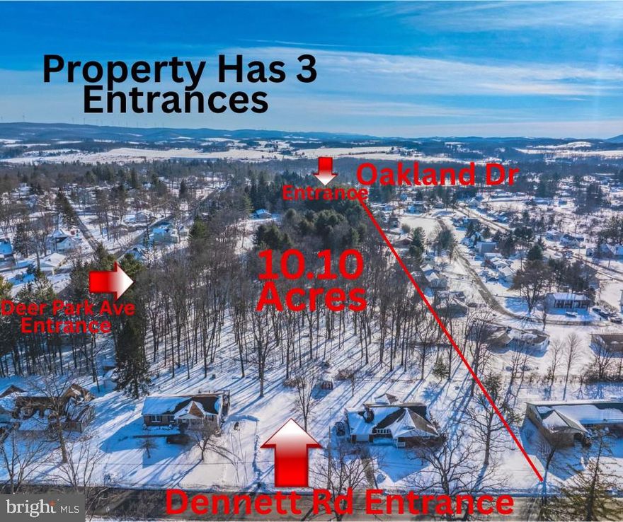 Over 10 acres ready for developing off Dennett Rd. and Oakland Ave. Can be subdivided or could be large parcel to build your dream home, privacy off main streets with 3 separate entrances connecting to town roads.  Engineered drawings for an 11-lot subdivision with grading permit in place at time of survey, are available and will be transferred with sale. Public sewar & water can be connected from streets.   No roadway through the property, entrances are cleared. Raw land.   Could subdivided or plenty of space for you to build your own unique home with acreage in town limits! Call for more details.