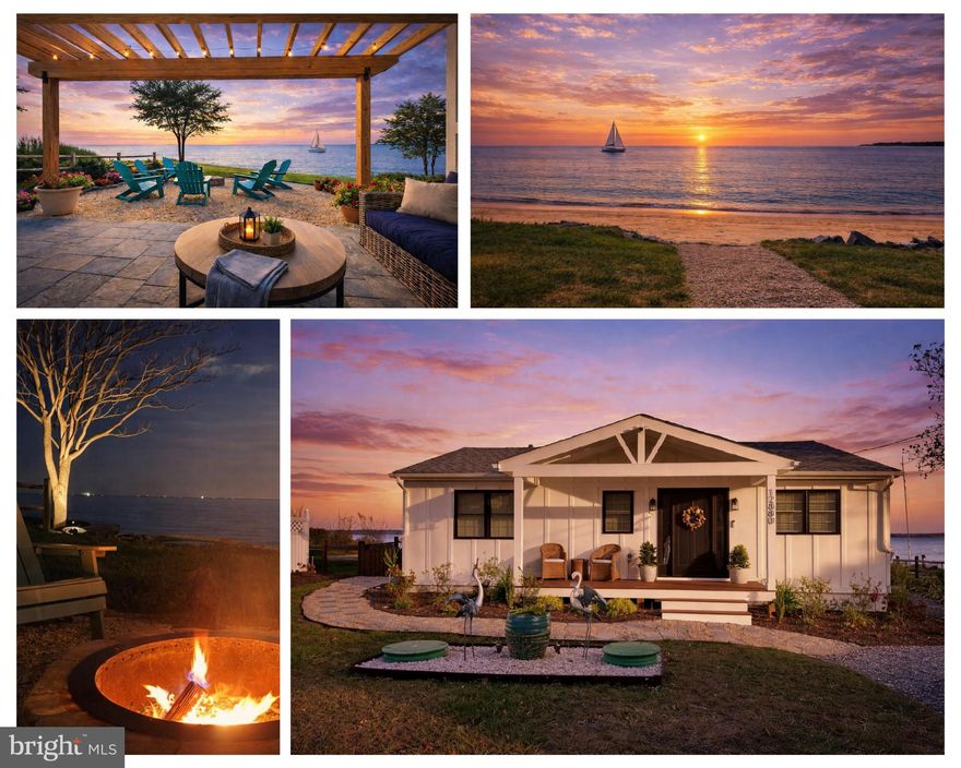 Wake up to the sound of gentle waves and spend your days immersed in the best of Chesapeake Bay waterfront living. With a private sandy beach just steps from your door, this beautifully renovated coastal retreat offers the perfect backdrop for boating, fishing, paddleboarding, kayaking, swimming, and unforgettable sunset evenings filled with warm summer breezes.

Thoughtfully redesigned with designer finishes throughout, the home seamlessly blends relaxed coastal charm with modern luxury. At the heart of the home is a stunning 2023 chef’s kitchen renovation featuring custom KitchenAid cabinetry, premium appliances, expansive quartz countertops, and an oversized island with seating for up to 12—creating an ideal gathering space for hosting friends after a day on the water.

Walls of glass frame sweeping Bay views, highlighted by a dramatic 4-panel Andersen sliding glass door that brings the outdoors in. The bright and airy three-season sunroom with all-new Sunspace windows offers the perfect setting to unwind on the custom full-size swing bed while watching sailboats pass, and the sky transform into vibrant evening colors.

Whether launching a kayak at sunrise, spending afternoons swimming and paddle boarding, or casting a fishing line just beyond the shoreline, every day feels like a vacation. Evenings are made for entertaining on the beautifully designed paver patio beneath the pergola, where coastal breezes and glowing sunsets create an unforgettable atmosphere for gatherings with family and friends.

Inside, elegant shiplap ceiling details, durable Mohawk waterproof laminate wood plank flooring, and cozy fireplaces in the bedroom, bathroom, and living room create warmth and character throughout. The home also features a built-in wine fridge, beverage station, and coffee bar—perfect for both quiet mornings and lively evenings. Custom-built-in bunk beds (queen lower, twin upper) provide flexible sleeping arrangements for guests, comfortably accommodating weekend visitors drawn by the waterfront lifestyle.

The primary suite offers a new spa-inspired ensuite bath (2024) with a freestanding soaking tub, creating a peaceful retreat after long days in the sun, while the beautifully updated secondary bath features a spacious walk-in rain shower with modern finishes.

Extensive upgrades provide comfort and peace of mind, including dual 2,000-gallon holding tanks (2023), updated HVAC, a tankless water heater (2023), a whole-house water filtration system (2024), enhanced attic insulation, and a fully encapsulated crawl space with a sump pump, vapor barrier, and dehumidifier.

Outdoor enhancements include professionally designed landscaping, updated board and batten siding for fresh curb appeal, split rail fencing (2023), new gravel driveway (2023), thoughtfully designed exterior lighting, and a private 8’ x 4’ outdoor shower with bench seating—perfect after a day spent on the beach.

Modern smart home features include a Nest thermostat, integrated security cameras, smart light switches, energy-efficient appliances, LED lighting, and reliable indoor/outdoor Wi-Fi coverage.

From peaceful morning coffee overlooking the Bay to evenings filled with breathtaking sunsets and the soothing sounds of the water, this exceptional home offers the rare opportunity to fully embrace the coastal lifestyle—where every season feels like summer and every day feels like a getaway.