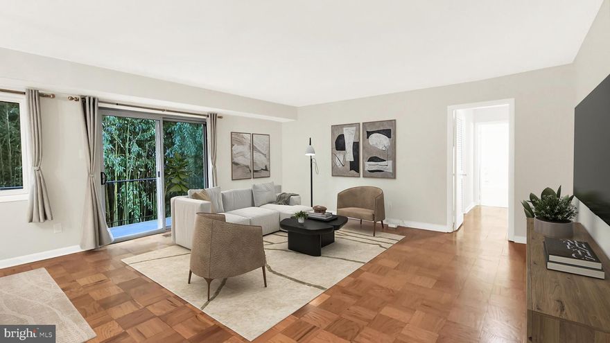 BEST of Bethesda's Best-Kept Secret.  This Parkside  corner "stretch" 1-br has many unique features:  updated Kitchen with gas cooking, pantry, window, and service entrance  |  expansive Living/Dining area with access to tree-view Balcony  |    Spacious Bedroom with two exposures and wall of closets  |. Sitting/Dressing area outside of Bedroom and Bath with Linen Closet and door to separate it from the main living area | Over-sized Coat and Utility Closet in the Foyer.  Fee includes all utilities. XFinity and Fios available.  Community has Pool, Tennis and Recreational Areas as well as Club House that can be rented for private events.  Parkside has professional on-site management and an optional in-unit maintenance program.