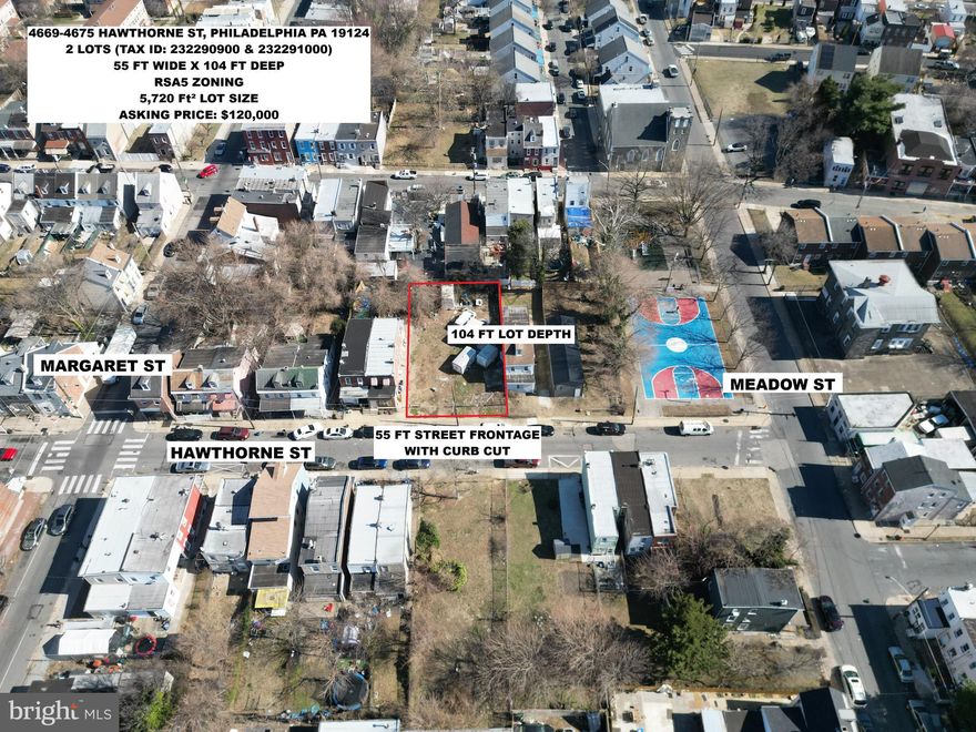Large Lot 5,700 Square Foot Lot. MUST BUY WITH ADJACENT LOT - 4669-4675 Hawthorne Street ($120K for package). Total lot dimensions are 55 ft Wide X 104 Ft Deep. Currently zoned RSA5. Could go to zoning for a multi-family variance. Very large parcel close to the "El" & Frankford Ave, off of Torresdale Ave. Nice recreational park on the corner. Owner is a licensed realtor in PA.