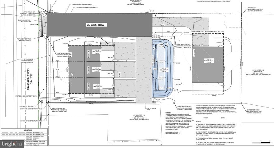 Fully engineered and ready for building permits upon transfer to the buyer. 4 lots total, 3 connected townhouse style lots fronting True Apple Way, with 1 single family dwelling lot behind.  County approved and DOH access approved.  Currently has an occupied mobile home rented at $850/month.