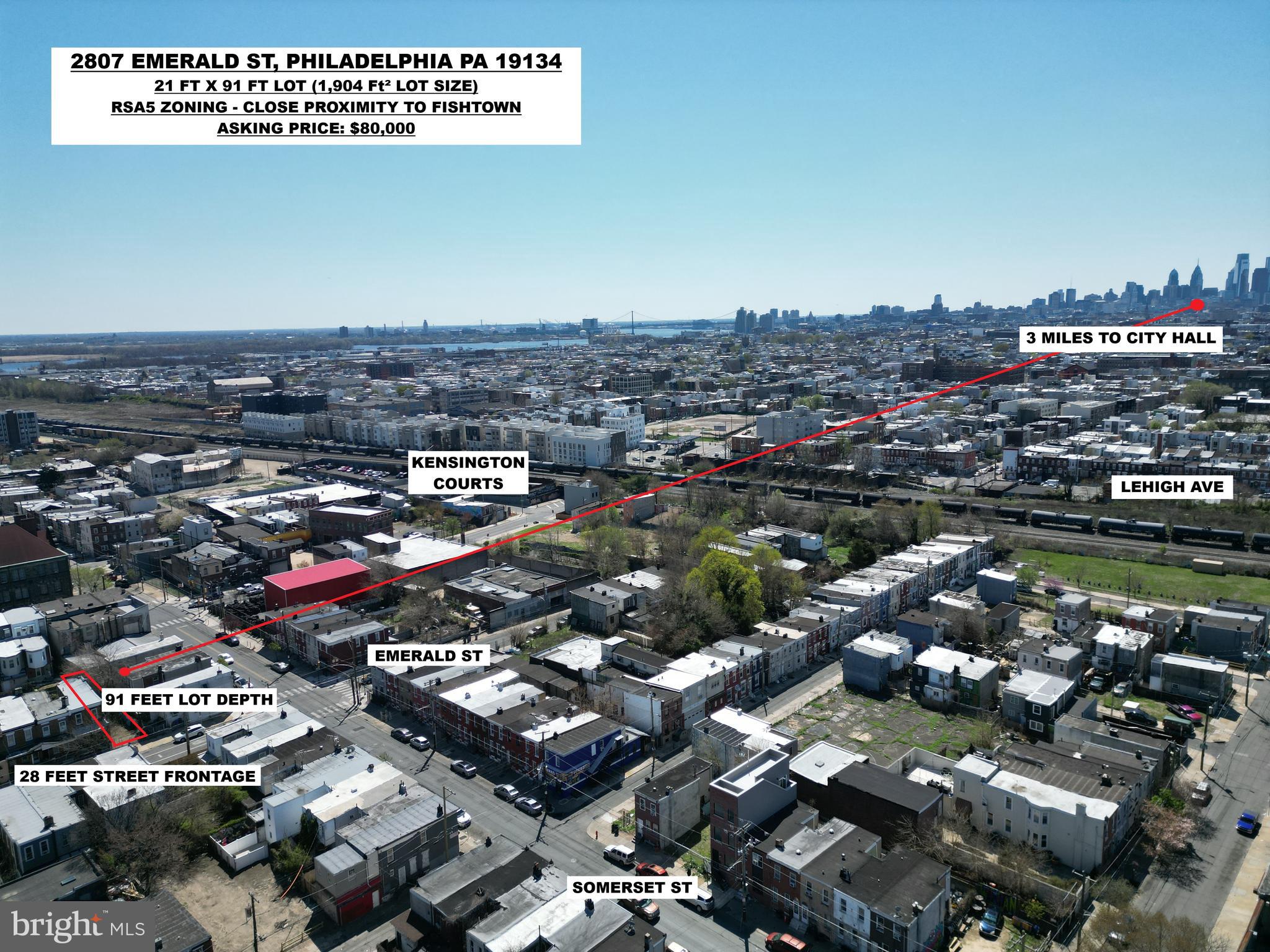 2807 Emerald Street, Philadelphia, PA 19134
1904 sq foot corner lot. (20.91 ft front X 91.04 ft depth)
Somerset is the cross street.
Situated less than a quarter mile away from Lehigh Ave (fishtown)
2 Blocks away from Kensington Courts Development. Ton's of new construction around. Very unique end lot. at Somerset & Emerald St.
Clean title. Buyer responsible for obtaining clear U&O. Selling with no contingencies.