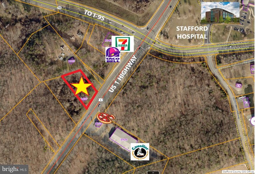 LOCATION!  LOCATION!  LOCATION!!!  Commercial lot for sale County's prime Courthouse area. Level lot zoned B-2. Convenient to Stafford Hospital & Gov't Ctr. AND LOCATED PROXIMATE TO WHERE NEW I-95 INTERCHANGE MEETS US RT 1 AND WHERE TACO BELL AND 7-11 ARE UNDER  CONSTRUCTION!!!   145 FT of Rd Frontage on Route 1 Hwy.  One story building on site conveys "as is, where is".