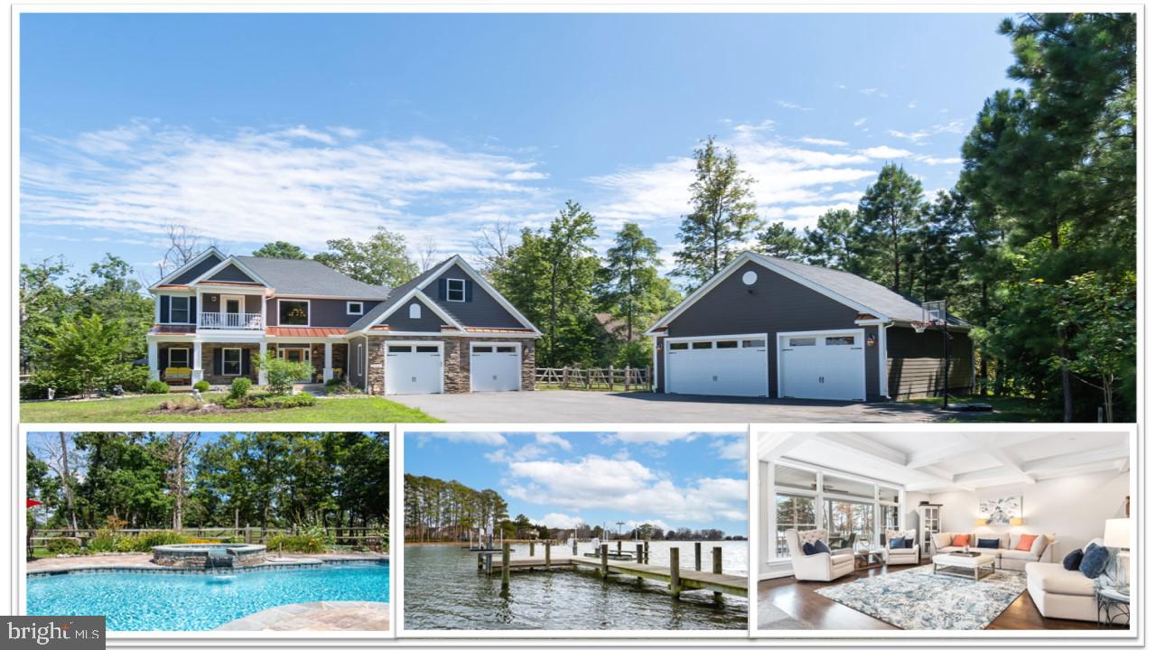 If you are seeking a picture perfect home, positioned beautifully on the waters edge, delivering the kind of peace and relaxation that only the dreamiest vacation could deliver? Look no further. Welcome to 125 Tanners Point Drive in Cove Creek Club on Kent Island. This 2.56 acre waterfront respite was built with great care, thought and detail, literally from the ground up. Make your way into this coveted golf club community. A 340 acre community that was once a working farm, has been converted to an amenity rich community that has taken great care to maintain the wildlife rich green space that has always been here. You’ll land at the home itself by way of the softly curved driveway which delivers you to an inviting copper covered front porch and formal entry. There is plenty of parking in addition to the 5 garage bays so bring all of your friends. As you step into the spacious foyer with solid red oak floors at your feet, you are met with a curved oak stairway that draws your eyes up to appreciate the 2 story entry and beautiful chandelier. The formal dining is to your left, and the kitchen just ahead, will draw you into the home! Here you will find a gourmet kitchen that will not disappoint! With seating at the island for at least 7, and 6 at the kitchen table, everyone is welcome! Custom wood cabinets, a raised hearth stone fireplace (dual sided), Quartz counter tops, gas cooktop, cast iron farm sink, double ovens, trash compacter, views of the patio, pool, water and so much more. The walk in pantry and beverage refrigerators should not be missed and are located between the formal dining and kitchen. On the other side of the stone fireplace is a large family room with coiffured ceiling and easy access to one of the 2 screened porches. Views of the water abound. The in ceiling sound system can be enjoyed here for movies but also throughout the entire home. It won’t be long before you’ll be walking up from your pier after a quick jet ski jaunt around the bay, or a family trip in the boat. You place the vehicles on their appropriate lifts, and head down the pier toward the house. You find yourself walking around your gorgeous hard scape pool surround, watching the butterflies in the surrounding landscape, and finally jumping into your heated gunite salt water pool. After that maybe a quick visit to the attached spa as you hear the Osprey singing. So many activities, it will be hard to choose. There are so many fun options, that you won’t want to sleep, but you’ll need to. Fortunately, you’ll be spoiled by the generously sized 5 bedrooms and 4 1/2 bathrooms. The main level primary is an amazing suite, with a sunroom sitting area, generous space, walk in closets, heated floors in the bath, quartz counters, & custom shower. The remaining 4 bedrooms are located upstairs, via one of the 2 stairways leading to that level. Two of these rooms are full en suites, with the other 2 sharing a Jack and Jill Bath, large deck and water views! You will also find balconies, bonus room, and a ton of storage! The finishes and technical side of this home are impressive as well.
-2x6 construction
-double heat pumps and zoning
-flower bed irrigation
-tons of hard scape
-out door kitchen
-low voltage exterior lighting through out
-water and electric at the pier
-yard irrigation
-hurricane windows
-sprinkler system
- Cauffer ceilings
-4’ extended and conditioned crawl space with great access
-fenced yard
-custom tiled dog shower
-built in shelving in the bonus room
-2 sump pumps with back up battery systems
-Sky basement with storage
-wired sound through-out
-pier, electric and water to pier boat lift and jet ski lift
- two screened porches
-two walk out balconies
-Accent metal roof
-oversized garage doors and bays
-extra 2nd level storage in the detached garage which is easily accessible by the stairs.
Carefully designed, masterfully built, do not miss this property!