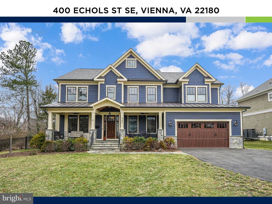 NEW PRICE!!! Welcome to 400 Echols St., a stunning custom-built craftsman masterpiece spanning over 8,500 square feet throughout four levels on more than half an acre, just three blocks from downtown Vienna! Completed in 2017, this home combines thoughtful design with the modern features you’d expect in new construction, including elegant millwork, sand-in-place hardwoods, 9-foot ceilings, and so much more. The main level is an entertainer’s paradise! The gourmet kitchen is a chef’s dream, featuring leathered granite countertops, shaker-style soft-close hardwood cabinetry, a wall oven, a porcelain farmhouse sink, stainless steel appliances, and a gas-burning range with striking red accents. A sunny dining nook overlooks the picturesque backyard, while a massive mudroom with custom cubbies connects seamlessly to a perfectly organized pantry. The kitchen flows into a luxurious family room with coffered ceilings and a two-sided gas fireplace with a slate façade. Additional highlights of this level include a formal dining room, a living room that doubles as a home office, and a main-level bedroom with a full bath. Upstairs, the primary suite is a true retreat, spanning the entire width of the home and overlooking your beautiful yard lined with trees. This private haven features hardwood floors, tray ceilings, a double-sided fireplace, and a sitting area leading to a massive private deck overlooking the tranquil outdoor space. Two oversized walk-in closets and a spa-inspired bathroom complete this oasis. The bathroom boasts a FAR infared therapy sauna with space for three, an air-jet soaking tub, a walk-in rain shower, a water closet with a bidet, and a double vanity. Three additional large bedrooms with excellent closet space, two bathrooms, and a laundry room with custom built-ins make this level as functional as it is beautiful. The bonus fourth level adds incredible versatility, offering a recreation room, bedroom, and a half bath (with a rough-in for a full bath). The expansive lower level features a recreation room with a sleek linear fireplace, a media room, a bedroom, a full bathroom, and two storage rooms, one of which is hidden behind a secret door that would be perfect for a wine room. A massive unfinished storage space is located under the garage, with over 500 square feet of space! This room is unique to residential construction and was built with engineered precast panels running from end to end, eliminating intermediate supports and maintaining 8 ft ceiling height. This room offers unparalleled capacity for all your storage needs or even creating a secure room. An extra bonus to the home is the natural gas generator that conveys! Outdoor living shines in this home, starting with the covered porch off the main living area. Cozy up to the double-sided gas fireplace in the winter or enjoy alfresco dining in the summer. The large, flat backyard is perfect for soccer games, fetch with your pets, or relaxing in the sun. The delights continue with the adorable backyard shed providing even more storage for tools and equipment and a garage that is impeccably organized with built-in racks and plenty of room for your vehicles.  The location is unbeatable--just blocks from downtown, you'll love the easy stroll to Fresh Market, Whole Foods, South Block, the newly renovated Vienna Community Center, the Vienna Inn, and many more shops and restaurants, or you can hop on the nearby W&OD Trail for a scenic bike ride or run to Arlington to Loudoun County. Commuters will appreciate being under two miles from Greensboro Metro and minutes from major routes to D.C., Arlington, and Reston! Living in Vienna means access to a vibrant community with events like the Halloween Parade and Viva Vienna, plus highly rated schools (according to Great Schools) in the Vienna Elementary (8/10), Thoreau Middle (7/10), and Madison High (8/10) pyramid. This home truly offers the best of luxury, convenience, and charm!