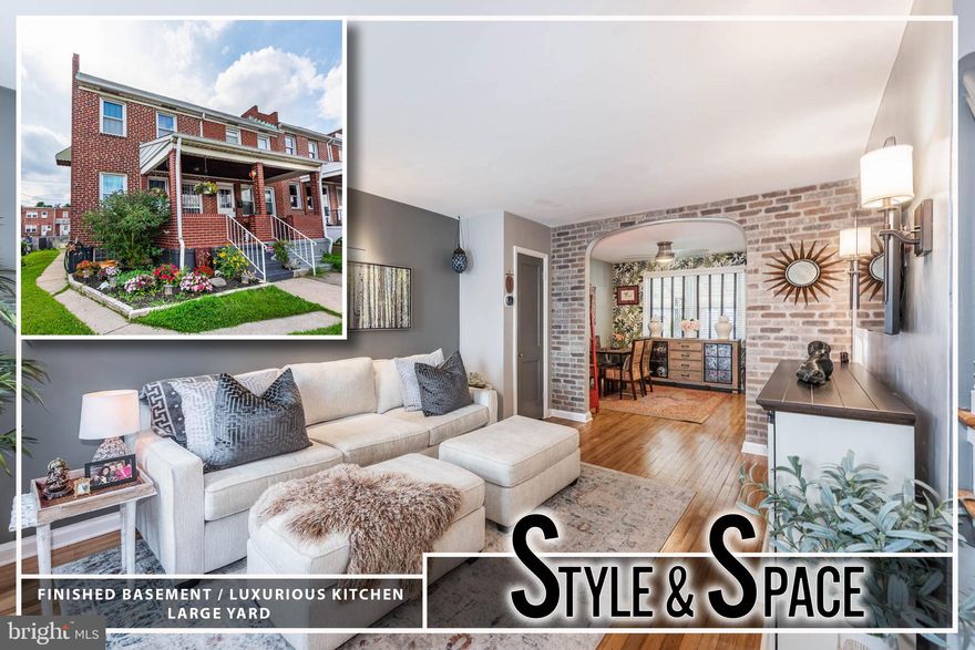 Beautifully updated and brimming with charm, this stylish porch-front end-of-group rowhome offers spacious, sunlit living across three fully finished levels. A welcoming covered front porch sets the tone as you enter into an open-concept main level featuring gleaming hardwood floors, an expansive living room filled with natural light, and a large dining area ideal for hosting gatherings. The Chef’s kitchen is thoughtfully designed with stainless steel appliances, ample counter space, and rich cabinetry—perfect for culinary enthusiasts.  Upstairs, discover three generously sized bedrooms, and a well-appointed full bathroom with timeless finishes. The fully finished basement provides versatile living space with a cozy family room, a separate laundry area, and a convenient half bath—ideal for a home office, media room, or guest retreat.  Step outside to enjoy the covered rear porch, which overlooks a fenced backyard—a private outdoor oasis perfect for relaxing, grilling, or entertaining.  Ideally situated just one block from the serene, tree-lined Joseph E. Lee Park and mere steps from Johns Hopkins Bayview, this stylish home offers the perfect blend of comfort, convenience, and urban energy. Enjoy seamless access to I-95, BWI Airport, and the Amtrak station, making commuting a breeze. Just minutes away, the vibrant Yard 56 development features LA Fitness, Starbucks, Chipotle, and a variety of shops and dining destinations—bringing lifestyle and leisure right to your doorstep. Whether you're seeking tranquility or connectivity, this home delivers on all fronts!