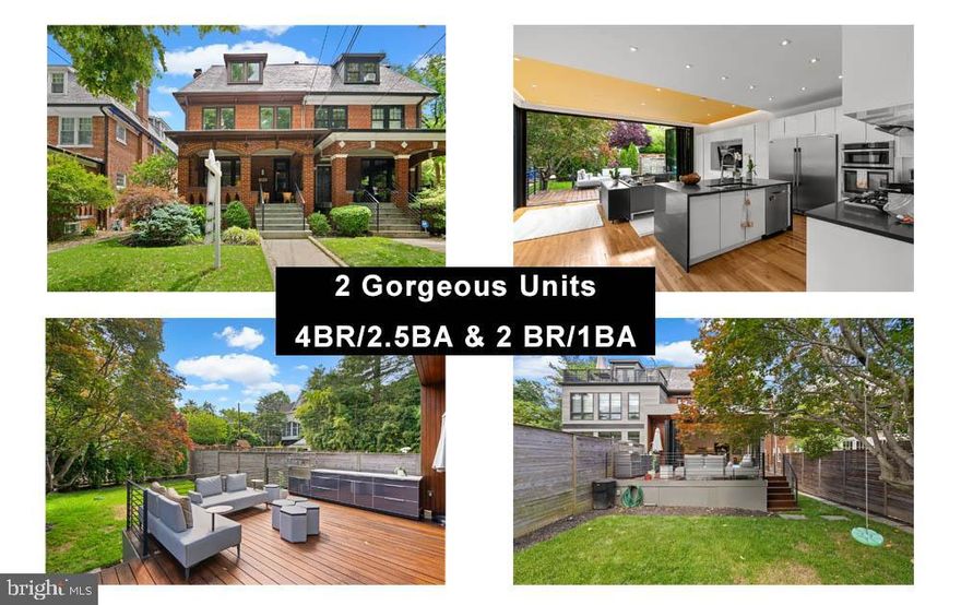 MAJOR PRICE REDUCTION! Almost $300,000!Truly exceptional and meticulously designed, this expansive residence offers luxurious multi-level living, perfect for today’s modern lifestyle—complete with a full lower-level apartment ideal for guests, rental income, or multi-generational living.** From the moment you arrive, the inviting front porch and sunlit foyer—with an oversized insulated door and four-pane window design—set the tone for the quality and comfort found throughout. The main level features a spacious living room with a brick wood-burning fireplace and a generous dining room with elegant side windows. French doors lead to a spectacular rear addition housing a gourmet kitchen with white cabinetry, quartz waterfall countertops, a center island with expanded storage, and high-end stainless steel appliances including a Frigidaire Column® side-by-side refrigerator/freezer, 5-burner gas cooktop, wall oven/microwave combo, and tempered glass backsplash. The adjoining family room/sunroom is a showstopper—featuring a Nanawall® folding glass door with screen system, Western Window System®, Hunter Douglas® window treatments, Philips Hue® recessed lighting, and Lutron® dimmers. This space seamlessly opens to a stunning 20' x 15' Brazilian Ipe hardwood deck with in-deck lighting—an entertainer’s dream. Comfort is enhanced by a Toe Kick® heater and a modern radiator system. A thoughtfully expanded powder room completes this level. The first upper level hosts the luxurious Primary Suite #1, complete with custom built-in wardrobe, walk-in closet with organizers, and a spa-inspired bath featuring heated floors, double vanity, Robern® storage mirrors, and a Kohler® electronic DTV shower system with bodysprays and rain shower. Two additional bedrooms—each with custom storage solutions—and a beautifully remodeled hall bath with clawfoot tub shower, heated floors, and double vanity complete this level. A laundry closet adds convenience. The second upper level offers Primary Suite #2, highlighted by designer touches and a spa-like bath featuring a heated Jacuzzi® tub, vessel sinks, onyx tile, Italian glass accents, and a large glass-enclosed walk-in shower. This level also includes a magnificent recreation room/home theater with custom built-ins, a Panasonic® ceiling-mounted projector, 108" screen, Bose® surround sound, wet bar with onyx countertops, microwave, fridge, hidden storage room, and a full closet—perfect for entertaining or relaxing in style.
The fully finished lower-level apartment, with both private exterior and interior entrances, offers approx. 1,025 sq. ft. of beautifully designed living space. It features a bright living/dining room with recessed lighting and LVP flooring, a gourmet center-island kitchen with espresso cabinetry, quartz countertops, and stainless steel appliances. Two spacious bedrooms boast extended closets with Elfa® organizers and individual temperature control. The bathroom offers a double vanity, heated floors, and a large walk-in shower. In-unit laundry and extra closets provide ample convenience. Additional features include a professionally landscaped private rear yard with outdoor grilling kitchen, 3-car parking pad with Tesla® charger, 8x10 external storage room, under the deck and additional storage under the porch,
 Dual-zone Carrier® Infinity central air and radiant heat (main floors), Mitsubishi® ductless mini-split in the basement, High-efficiency tankless boiler/water heater.  Unbeatable Location! Conveniently located near a wide variety of grocery options, vibrant dining destinations, and cozy cafés. Surrounded by some of the area’s most highly regarded public and private schools, from early education through university level. Enjoy easy access to numerous parks, playgrounds, and recreation centers—perfect for active lifestyles and outdoor enjoyment.