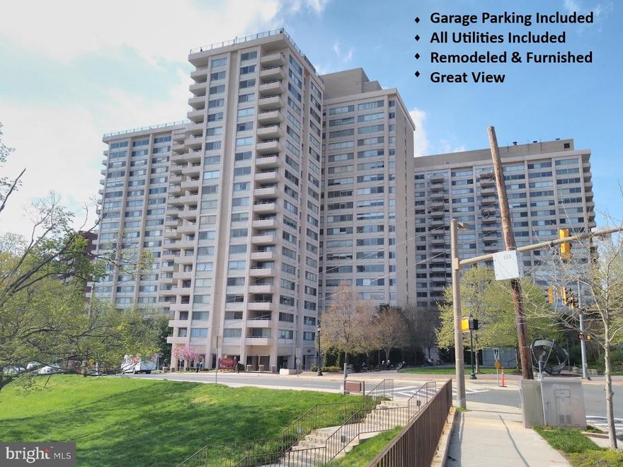 Remodeled Studio Condo w/ great view in The Willoughby of Chevy Chase - Friendship Heights district - 3 blocks to Red Line Metro.  INCLUDES:  ASSIGNED GARAGE PARKING SPACE, UTILITIES, and FURNITURE.  Prefer a one year lease or more.  This luxury high rise building includes:  24-hour front desk security, rooftop swimming pool, exercise / fitness room, lounge / library with free WiFi, in-building convenience store, and gourmet restaurant!  This is the best value in coveted Chevy Chase / Friendship Heights.  Enjoy the splendid view of the park from inside this unit!  No smoking and no pets allowed.   Available now.  Owner-Broker.