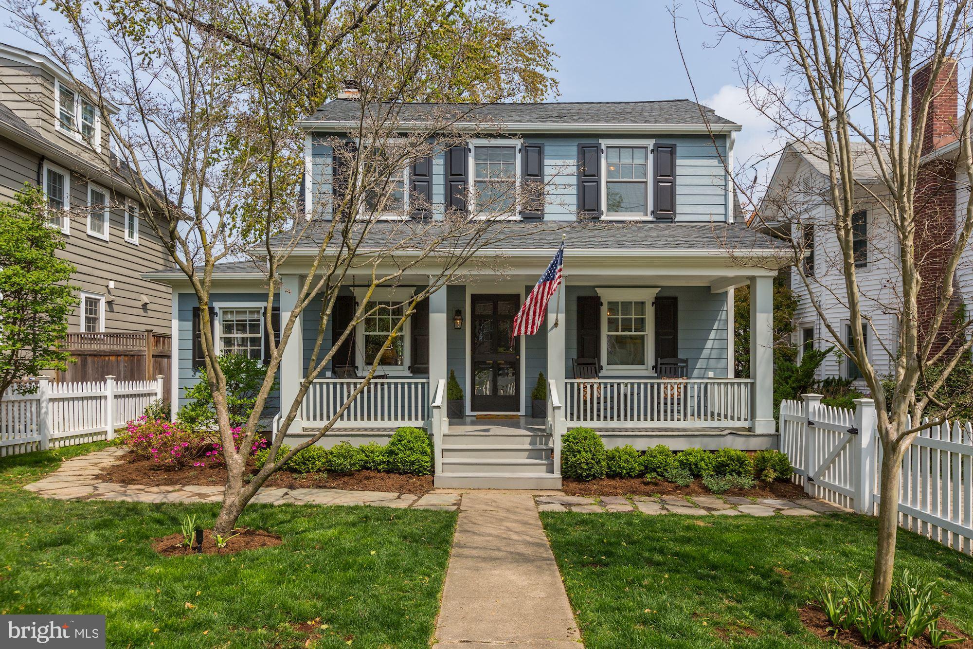 Beautifully updated 3-bedroom, 2.5-bath Dutch colonial in Chevy Chase Section 3. Welcoming porch, front yard with picket fence, sophisticated interior spaces. Main level with living room, private study with full bath, updated eat-in kitchen, gracious formal dining room. Three bedrooms and one full bath up, plus play space/reading nook adjoining second bedroom. Finished rec room, half bath and utility area in lower level. Fully fenced rear yard with patio and large storage shed. Side driveway with off-street parking for two vehicles.