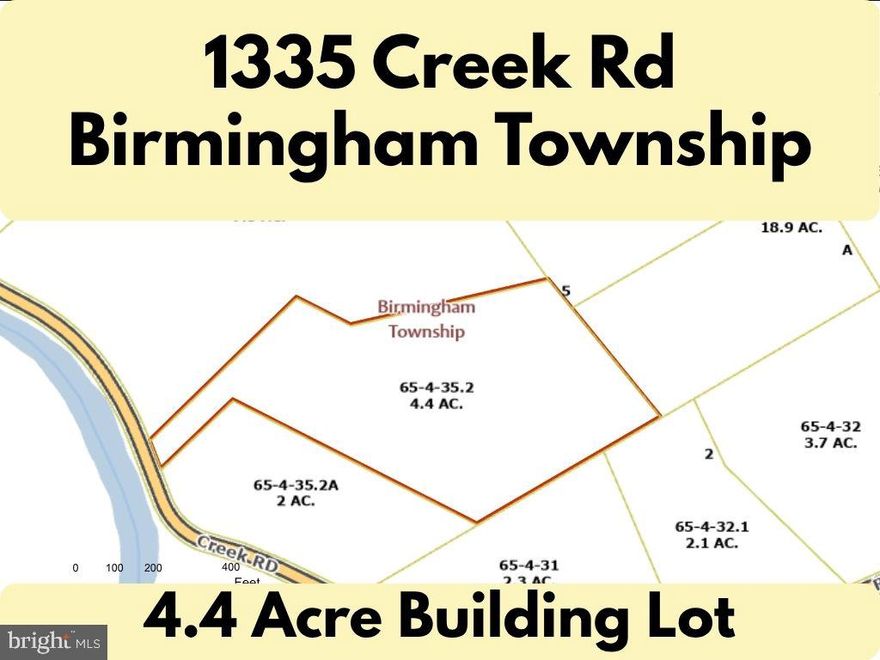 DO NOT ACCESS PROPERTY WITHOUT CONFIRMED APPOINTMENT.**Spectacular Opportunity to build your dream home on 4.4 acres high above the Brandywine Creek, in Chester county's Birmingham Township. The property currently includes a structure that is most likely best suited for teardown or major renovation. The lot is not visible from Creek Road. Access to the property is a winding driveway, providing extreme privacy. The building lot is mostly open and surrounded by trees that provide a nice amount of privacy.  This is an ideal setting for a home with south-southwest views over the Brandywine Creek valley. Ample room for outdoor living, gardens, and recreation. NO HOA. Just minutes from US-1 and US-202 corridors for convenient access to shopping, Giant/Wegman's/Whole Foods; Main Line Health. Highly regarded Unionville-Chadds Ford School District. There is no builder tie-in. Megill Custom Homes and Renovations is familiar with the property.