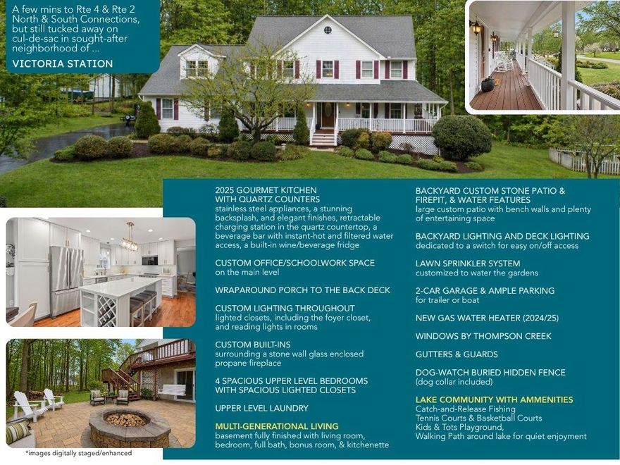 Welcome to your private retreat, nestled at the end of a serene cul-de-sac in Victoria Station—one of North Calvert’s most sought-after communities. Enjoy the large custom-built patio, firepit, water features, and landscape lighting throughout, (connected for easy access) wired to a switch.  Step inside the open foyer and be captivated by the new 2025 gourmet kitchen, featuring quartz countertops, stainless steel appliances, a stunning backsplash, and elegant finishes. The oversized island offers ample space for serving, cooking, and entertaining, along with a retractable charging station built right into the quartz countertop. The kitchen also includes a beverage bar with instant-hot and filtered water access, a built-in beverage fridge, a tastefully designed indoor herb garden planters, perfect for growing your own herbs and spices year-round. The main level features a half bath, a custom office space ideal for working from home or homeschooling, a formal sitting room overlooking the wraparound, a dining room with door access to the back deck, and a spacious family room with a glass enclosed gas fireplace and custom built-ins. Upstairs, the primary suite offers a large walk-in closet spacious enough for two featuring automatic lighting as you enter and a touch lighted full length mirror. Three additional generously sized bedrooms and closets, as you continue through this spacious upstairs, and a full hall bathroom provide plenty of room for a growing family. The hall bath was customized to separate the shower area from the vanity, allowing two people to use the space at the same time. UPPER LEVEL LAUNDRY adds everyday convenience. The fully finished basement offers excellent potential for multigenerational living, featuring a living room, playroom/craft room/office, large bedroom, full bathroom, and a kitchenette serving area with access directly to the backyard patio. The basement level entry creates a private entrance opportunity to access the lower level without going through the main entrance of the home. Situated in a cul-de-sac on 1.02 acres backing to mature trees, the property also includes a beautiful fenced garden, established and ready for your homegrown vegetables and more. Welcome to the highly sought-after neighborhood of Victoria Station, a beautiful lake community featuring tennis courts, a basketball court, playground, walking path, benches, and a lake for morning or evening strolls, as well as catch-and-release fishing. A 2-car garage and ample driveway parking provides plenty of room for multiple vehicles, as well as space for a trailer or boat. More upgrades to include Lawn Sprinkler System and customized to water the gardens, Gas Water Heater was replaced in 2024/25, Windows by Thompson Creek 2011, HVAC 2010, Radon Mitigation 2021, Roof 2011, Gutters & Guards 2011, Bright custom lighting throughout this home including lighting in all bedroom and foyer closets. The yard is surrounded by a Dog-Watch buried Hidden Fence (dog collar included) allowing pets free run of the property. (25.1 miles) to Joint Base Andrews, (41.4 miles) to Pax River Naval Station, (30.1 miles) to Naval Academy Annapolis, MD, (40.6 miles) to Fort Meade Main Gate, (35.7) miles to Pentagon. Located just minutes from North Beach, Chesapeake Beach, Herrington Harbour North & South, North Beach Boardwalk, and a variety of restaurants, shopping, parks and recreation. Welcome to Calvert County and all it has to offer!