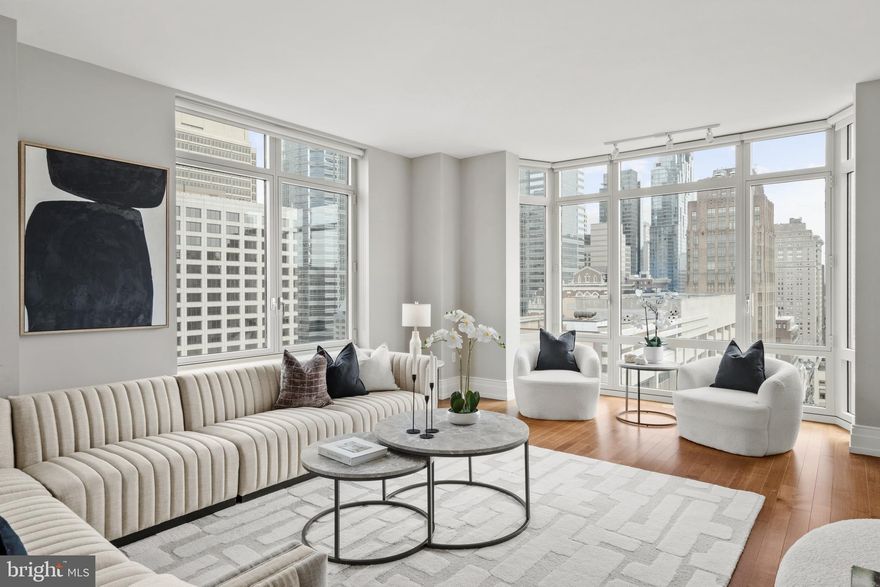 Welcome to Residence 1803 at the iconic 10 Rittenhouse. This rare corner one-bedroom, one-and-a-half-bath residence was originally part of the highly sought-after 03 line, offering exceptional scale and proportions rarely found in a one-bedroom—ideal for entertaining.

The home features panoramic skyline views with sunrise exposure, an expansive great room and gallery, and a chef’s kitchen with breakfast area and top-of-the-line Wolf, Miele, and Sub-Zero appliances. Additional highlights include refinished hardwood floors, two bay windows, and a gracious bedroom suite with walk-in closet and a stunning marble bathroom with oversized glass-enclosed shower.

Designed by renowned architect Robert A.M. Stern, 10 Rittenhouse offers unmatched five-star living with 24-hour concierge, chauffeur-driven town car, indoor lap pool, fitness center, yoga studio, library, courtyard, wine room, guest suite, and underground valet parking. Prime 18th Street location steps from the city’s best dining and shopping.

One storage unit and one parking license included. Pet friendly building.
Showings by appointment only. Currently tenant occupied on a month-to-month lease.