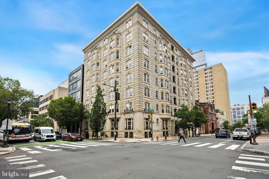 Welcome to the Coronado, a classic 37-unit boutique condominium building built in 1910, listed in the Philadelphia National Registry of Historic Places, and located in the Rittenhouse Square section of  Center City, Philadelphia.  This sophisticated classic style two-bedroom, 1.5 bathroom condominium is situated on the 3rd floor overlooking the gorgeous gardens of the Philadelphia Physicians College and the historic First Unitarian Church with eastern exposure providing lots of natural light and a beautiful view of the City and the above-mentioned garden.  Walking through the entrance doors to the Coronado, you will be welcomed by the building's gracious and newly restored marble lobby!  Taking the elevator to the third floor and to the unit’s front door, the spacious foyer sets the moment!  You will be greeted by an over 1,200 square foot well-appointed home featuring hardwood floors, high ceilings, a bay window, and beautiful ornate millwork.  The living room boasts a large window, and the bright dining room also showcases a large bay window and a gas-burning fireplace.  (Note the dining room is currently being set up as an additional living space, but it can easily be converted back to a formal dining room.) The modern kitchen provides ample granite countertops and abundant cabinet space. It has stainless appliances and a door leading outward to a small balcony. Completing this section is a spacious half bathroom with a stackable washer and dryer.  Heading down the hallway, you will find two well-sized bedrooms with deep closet space and a freshly painted hall bath with a window.  Location! Location! Location! Offering a walk score of 99! 30th Street Station, Rittenhouse Square, Schuylkill River Walk/Bike path, Giant and Trader Joe super markets, well-acclaimed restaurants, The Art Museum, and so much more you could need is at your doorstep—an easy walk or subway commute to UPENN, and Drexel. Hop onto I-76 and 676 within minutes. Condo fees include building maintenance, trash/snow removal, water, building insurance, management fees, and security. Standard common storage and a bike room are available in the basement of the building for owners.  Residents enjoy a secure environment, including a security system and convenient package delivery in the lobby. Schedule your viewing today and embrace the charm and elegance of this historic Philadelphia landmark!