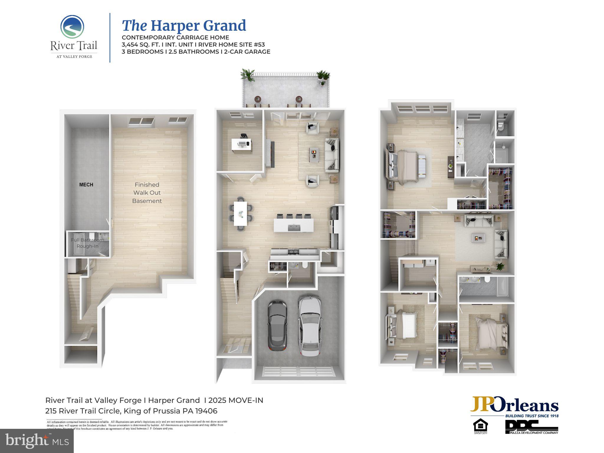 Poised along the tranquil banks of the Schuylkill River, this Harper Grand stands as one of the few premier riverside residences in River Trail at Valley Forge. This distinguished 3,454 sq. ft. carriage home embodies elegance and refinement, featuring 3 bedrooms, 2.5 bathrooms, finished walk-out basement, and a two-car garage. Designed for both grandeur and comfort, the main level unfolds with an expansive great room, a dedicated study, and a gourmet kitchen appointed with a walk-in pantry, an oversized island, and seamless access to a 20’ x 10’ deck overlooking the river. The finished walk-out basement offers additional space for entertainment or private retreat, thoughtfully integrated with the home’s natural surroundings. Ascending to the second level, the primary suite is a haven of sophistication, complete with dual walk-in closets, a spa-inspired en-suite with a free-standing soaking tub, walk-in shower with seat, and a private water closet. A versatile loft, two additional bedrooms, hall bathroom, and a well-appointed laundry room complete this level. This extraordinary riverside residence offers a rare opportunity to enjoy unparalleled views, a low maintenance lifestyle, and the prestige of waterfront living, all within minutes of King of Prussia’s premier shopping, dining, and social destinations. With JP Orleans’ renowned craftsmanship and timeless architectural details, this Harper Grand is a home of enduring distinction.