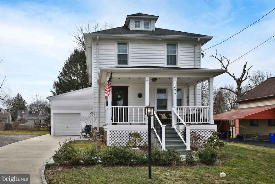 Meticulously maintained, this beautiful classic Colonial is ideally situated near the end of Wood Street — one of the most peaceful and charming streets in Hatboro — just a short walk to Main Street shops, restaurants, and local favorites. Located in the highly regarded Hatboro-Horsham School District, this home seamlessly blends historic character with the conveniences of modern living. A bluestone walkway and inviting front porch create a warm welcome and hint at the thoughtful details found throughout. Inside, the foyer opens to the living room featuring a gas stone fireplace and beautifully refinished hardwood floors. The dining room flows into the kitchen, complete with quartz countertops, premium appliances, and a large center island perfect for gathering and entertaining. Just off the kitchen, a cozy sitting area features sliding doors leading to a covered deck with skylights, ceiling fan, and gas grill hookup — an ideal outdoor living space. A powder room completes the main level. Upstairs, the primary suite offers a bright bathroom with walk-in shower and custom built-ins. Two additional bedrooms and a full hall bath complete the second floor. The finished walk-up attic provides flexible space for a fourth bedroom, home office, or playroom. The full basement includes a partially finished recreation room along with abundant storage space. Additional highlights include an attached garage with access from the  expanded driveway, insulated vinyl-clad windows, and low-maintenance vinyl siding. A must see!