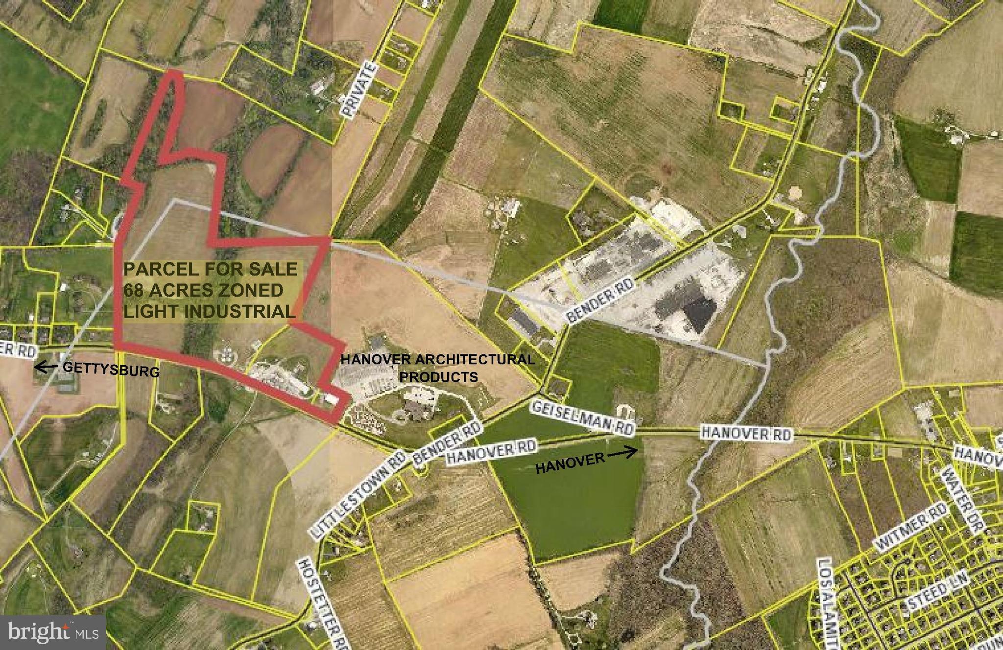 This 68 acre parcel represents a desirable opportunity to acquire Light Industrial zoned land less than 4 miles to downtown Hanover and 7 miles from Route 15. This zoning allows for a variety of uses, such as warehouses, manufacturing and storage units. Flatbush Golf Course is located .5 mile from this parcel which was purchased by a local developer who intends to convert part of the golf course into an indoor soccer and tennis court destination, making this location ideal for a hotel or convenience store. A large residential subdivision is proposed in Littlestown PA which would support a storage unit project.
Area for sale is approximately 68 acres as shown in the photo. Buyer will need to subdivide this area off of the parent tract.