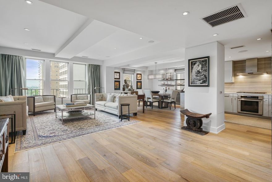 Spacious, light filled and completely renovated "A" unit (2,100 square feet) at The Rittenhouse Plaza on Rittenhouse Square with top-end finishes, fittings, and OPEN floor plan. Views to the North, South, East and West, and DIRECTLY on the Park! Apartment 11A offers two bedrooms plus study; en-suite marble baths; powder room; Siematic kitchen with glass-front lighted cabinets, 5 burner gas cooktop, French Door Walnut Refrigerator, with bottom Freezer; custom millwork and fitted cabinets throughout apartment. Separate Laundry room and elegant built-ins; dual zoning for heat/AC, and 7.5" white oak plank flooring. ALL NEWLY CREATED (2015) within the Historical Provenance in the premier Philadelphia neighborhood of RITTENHOUSE SQUARE! The pet-friendly Rittenhouse Plaza is a landmark pre-war building with Art Deco details; Grand marble and granite lobby; private garden entry; 24 hr concierge and door staff. The monthly co-op fee includes ALL yearly real estate taxes, use of storage unit, water, Internet and FIOS basic, cable TV.