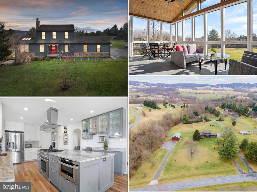 Situated on just under three gently sloped acres and surrounded by mature trees, mountain views and a whispering creek, this custom renovated modern farmhouse is sure to please even the most discerning buyers. Step inside the main level and an open, contemporary floor plan awaits you highlighted by a two-way fireplace, a library/sitting room with cathedral ceilings and two skylights and luxury plank flooring throughout. The spacious gourmet kitchen is fit for a chef and features floor to ceiling cabinets, a generously sized center island with breakfast bar, quartz countertops, and gas cooking via a 6 burner Thermador professional range. The main level is clad with large, light-filled windows providing year-round views of this beautiful home site. The second level is highlighted by a new expansive primary suite featuring a spacious walk-in closet, a sizeable shower with floor to ceiling tile, a custom contemporary vanity with twin wading pool sinks, and well-placed picture windows with distant views. Rounding out the second level is an additional bedroom and a spacious full bathroom with a tub/shower combo and new porcelain tile flooring. The finished walkout basement is fully upgraded with a multi-purpose recreation room, a third bedroom and recently installed full bathroom. Rounding out the lower level is two built-in home office spaces and a spacious laundry room with ample room for storage. This property is an entertainer’s dream with a spacious rear deck, two patios, and a 200+ square foot screened-in porch – a perfect setting to host guests and enjoy your morning coffee. The large, lush, nearly 3 acre lot offers an ideal setting for ball games and cookouts in summer and sledding in winter. Adjacent to the home is a 1,200 square foot metal pole building with 12 ft ceiling, a dedicated driveway, an electric lift hoist, a wood burning pellet stove, a separate subpanel, and a separate enclosed office – an ideal setup for a business owner, hobbyist or outdoor enthusiast. Additional updates include new roofing and gutters 2017, Trane Heat Pump 2020, whole house and pole barn painted 2021-22. A 2022-23 substantial renovation transformed the main level into an open concept plan and added additional square footage to the family room and library/living room, added a breakfast nook/dining area, expanded the Primary BR and included a full renovation of the primary BA.  Full basement bath added 2023. Subpanel updated 2022. Window balances replaced in existing Anderson windows where needed. Property could be turned back into a 4BR if next owner desires - architectural plans showing new and old layout can be provided.  Enjoy all of these amenities in a great commuter location within approximately 10 miles from Historic Downtown Frederick, the MARC train station and major commuter routes I-70, I-270 and Rt15. Middletown School District! Check out the interior and exterior video tour. This one will not last long, schedule your showing today!