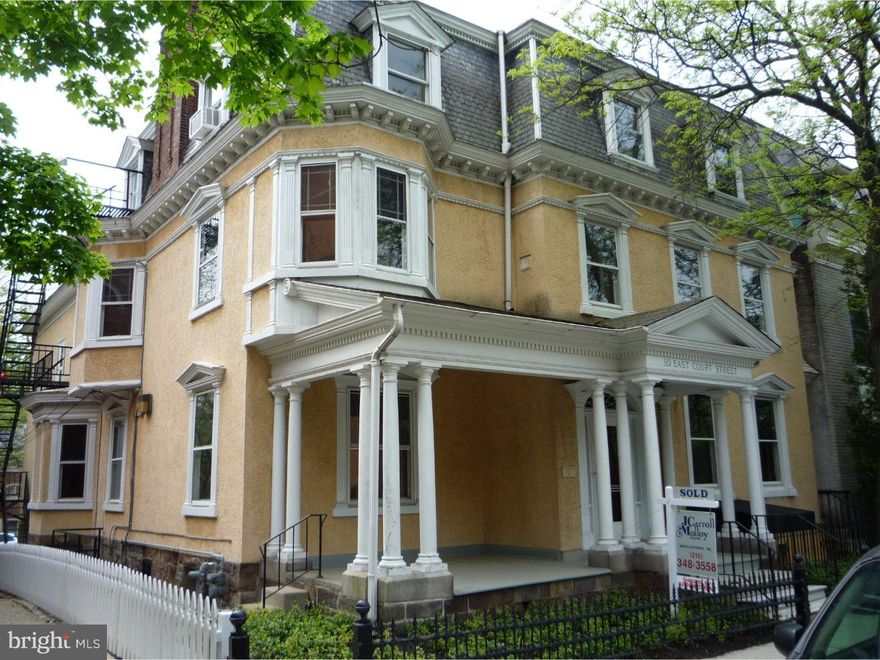Stately office building Circa 1833 in good condition, located directly across the street from the Bucks County Court House main entrance. Original features are crown moldings, doors, marble fireplaces, stain glass windows, wainscoting and flooring, 10' ceilings on first floor. Grand entrance hall. Certain improvements have been made: new hot water gas boiler, exterior masonry, electrical repairs, interior painting. Move in condition. Off street parking for 15 cars with access off Pine St. or Garden Alley. 1st floor rented for $19.00 p/f and 2nd floor available for $18.00 p/f. Lower level-2,163 sq. ft. available for $18.00 p/f, 1st floor-2,157 sq. ft (vacant); 2nd floor-2,074 sq. ft. (vacant), 3rd floor (2)-1 bedroom apartments (both rented)-2,012 sq. ft. including 2 storage rooms, for a total of 8,406 sq. ft. for entire building.