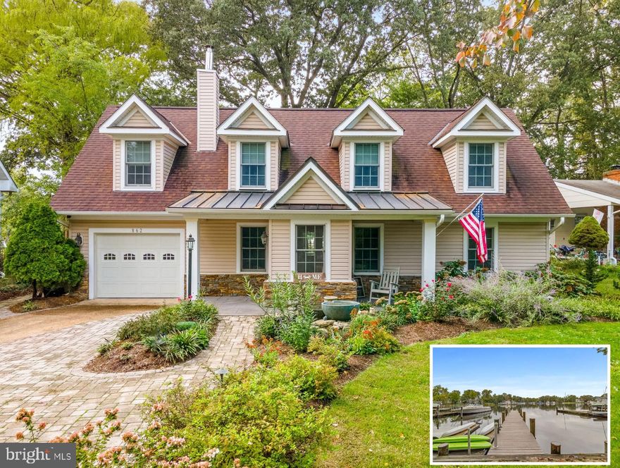 *OPEN HOUSE SAT, JUNE 14TH IS CANCELED - HOME IS UNDER CONTRACT* Regional Cape Cod style Waterfront home in Arnold. This 4 bedroom, 3 bath home has been renovated with modern amenities to take full advantage of the waterfront views and lifestyle.  Step into your backyard to enjoy the multiple patio areas designed for entertaining all under the canopy of shaded tall trees. Relax as you overlook the private pier/dock on the coveted Spriggs Pond, fed from 3 natural springs, making it perfect for swimming, fishing, kayaking or taking your boat directly out to the Magothy River through the routinely dredged channel.  Appreciate the professional landscaping making this your true paradise. 
Inside, the open concept floor plan allows you to enjoy water views from most every room with clear views to the water from the front entry. The cozy Living Room with newly finished stack stone surround fireplace welcomes you and opens into the Kitchen, updated in 2021, offers white shaker cabinets, quartz counters and spacious center island perfect for entertaining. The open concept Family Room and Dining Room provide a wonderful place for entertaining or just relaxing and watching the waterfront activity. The main level bedroom and full bath provide one level living if desired. The upper level boasts a fabulous primary suite with vaulted ceilings, incredible water views, skylights, dual, spacious, custom walk-in closets, hardwood flooring and a newly finished spa-like bath with heated floors, double vanity, free standing soaking tub, glass enclosed steam shower, towel warmer and separate water closet. 2 more bedrooms with spacious walk-in closets, a full hall bath, laundry room and tons of storage completes the 2nd floor.  BRAND NEW HVAC, Hot Water Heater, convenient garage storage added, and exterior lighting installed. Come take a look for yourself at all this home/property has to offer.  New bulkhead & dock with trex decking, new floating dock. Newly refinished hardwood floors, neutral paint, Roof in 2005 with 50 year shingles. Schedule your private tour today.  Welcome Home!