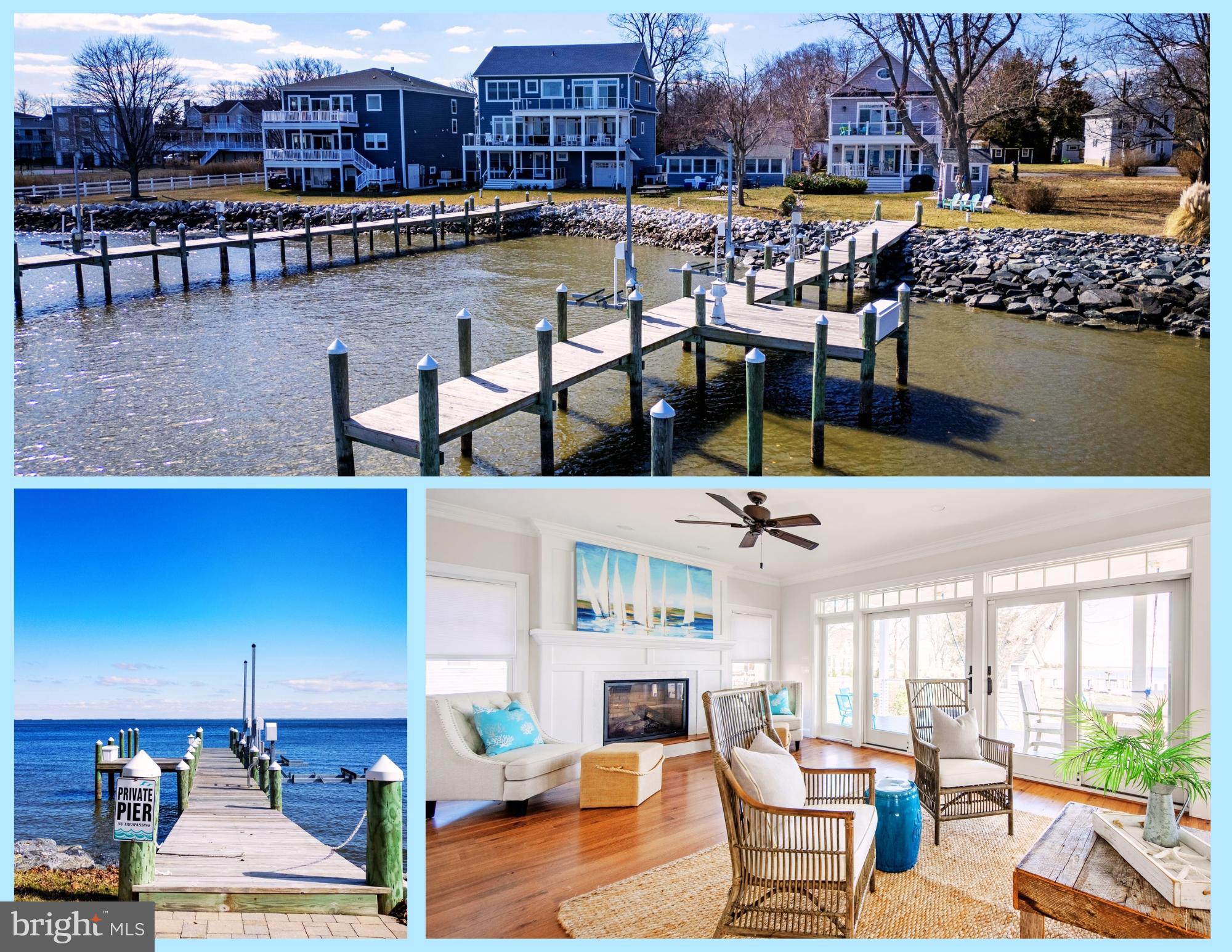 OPEN Bay-front at this STUNNING Custom Coastal with private pier, Located in coveted Columbia Beach, this airy WATERFRONT is a head-turner, boasting an open floor-plan, with the finest of finishes! Direct Chesapeake Bay location, 100' private pier & 3 jet-ski lifts makes this the perfect retreat - or year round treat- With 3 spacious bedrooms, 2.5 beautiful baths, 9' ceilings & hickory flooring- throughout!- Inviting gourmet kitchen with gleaming granite countertops, large island with seating to host grandly, shiny stainless appliances & open to bright dining & living spaces w/ cozy gas fireplace & direct Bay views! Living spaces are extended by BOTH main-level AND upper-level full-length spaces- covered porch for late day cocktails and crabs after a fun day of boating, to coffee on upper deck waking up to the lap of the waves. Anderson windows, dual-zone HVAC, 'Generac' generator conveys! Ample storage, large closets, stand-up full-house length w/ side windows, dry & tall crawlspace, Close to work & play with unbeatable open views, unmatched community amenities include boat ramp, tennis courts, playground, clubhouse, gated entry & fun events! Just minutes outside of Annapolis- and less than an hour to DC, this gorgeous retreat is sure to please! Hurry to claim today!