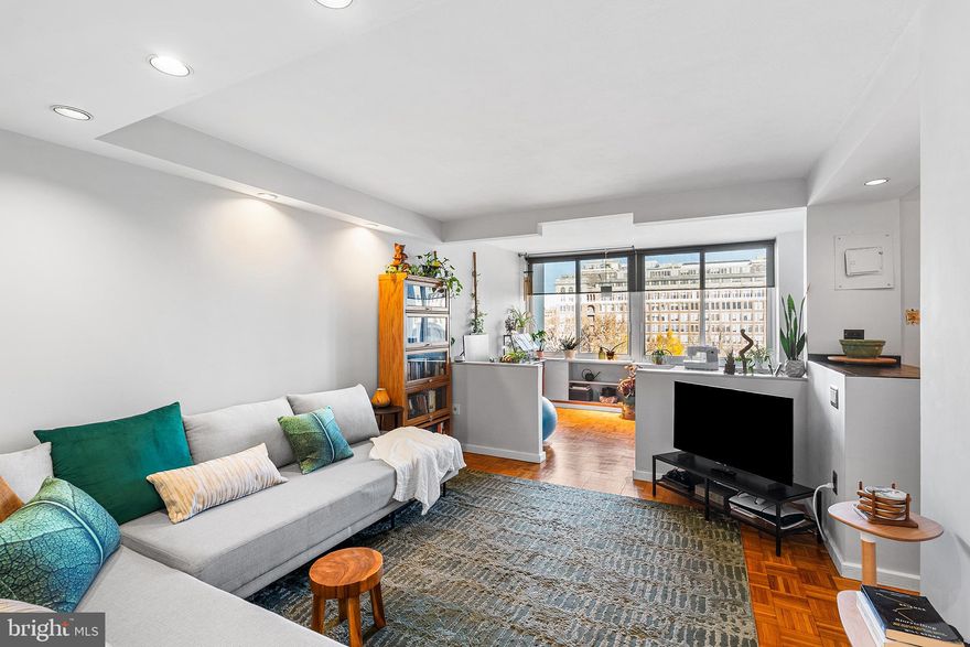 Park view from the 11th floor! Move right into Unit 1106 at the desirable Hopkinson House on Washington Square. This efficient studio (the larger of the possible layouts) features hardwood floors, a wall of large windows, and direct views of the park treetops and city architecture. The space is optimized for city living with smart, built-in storage solutions, including deep pull-out drawers under the custom bar area and the bed platform, and a large walk-in closet. Strategically placed mirrors maximize natural light and airiness throughout. 
Residents of this mid-century landmark enjoy a 24-hour concierge, a grand lobby, a resident library, and a rooftop solarium with a seasonal pool. The location offers a quiet retreat with immediate access to Washington Square, while remaining just steps from Center City’s truly excellent restaurant scene, groceries, museums, Philadelphia landmarks, and public transit. Condo fees include all utilities, and secure underground parking is available for a monthly fee. A perfect pied-à-terre or primary residence in a prime location.