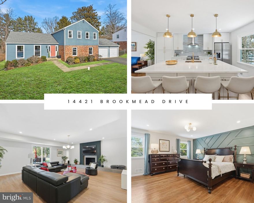 OPEN SAT, 3/7, 12-2pm. Welcome to 14421 Brookmead Drive, a beautifully renovated home tucked away in a private enclave in Darnestown. This four-level, move-in ready residence offers five bedrooms, two full baths, one half bath, and more than 3,200 finished square feet on a generous .52-acre lot. The main level features hardwood floors, a bright formal living room, and a chef’s kitchen with a large quartz island, stainless steel appliances, and a dining area with a built-in wet bar and beverage fridge. The step-down gathering room has luxury vinyl flooring, a wood-burning fireplace, and access to a stone patio and yard, perfect for entertaining. A versatile bedroom/office, a laundry room, a modern powder room, and an oversized two-car garage with EV charger are also located on this floor.  

Hardwood floors continue throughout the upstairs bedroom level.  The primary suite boasts a custom walk-in closet and an ensuite bathroom with a double bowl vanity, and a walk-in shower. Three additional spacious bedrooms, a linen closet, and an updated full bath complete the upper level. The finished lower basement level offers another 550+ sq ft of flexible space-ideal for a recreation room, home gym- with convenient access to the side yard. Upgrades include a fully renovated interior with designer touches throughout, newer windows and doors, HVAC, roof, hot water heater, and so much more! Enjoy easy access to wineries, trails, grocery stores, retail and commuter routes. Other amazing nearby amenities include: the Maryland SoccerPlex, the Darnestown Swim & Racquet Club, the Germantown Indoor Pool, and the Montgomery TennisPlex, just to name a few!  If you are looking for an absolutely turn-key home, this is it!
