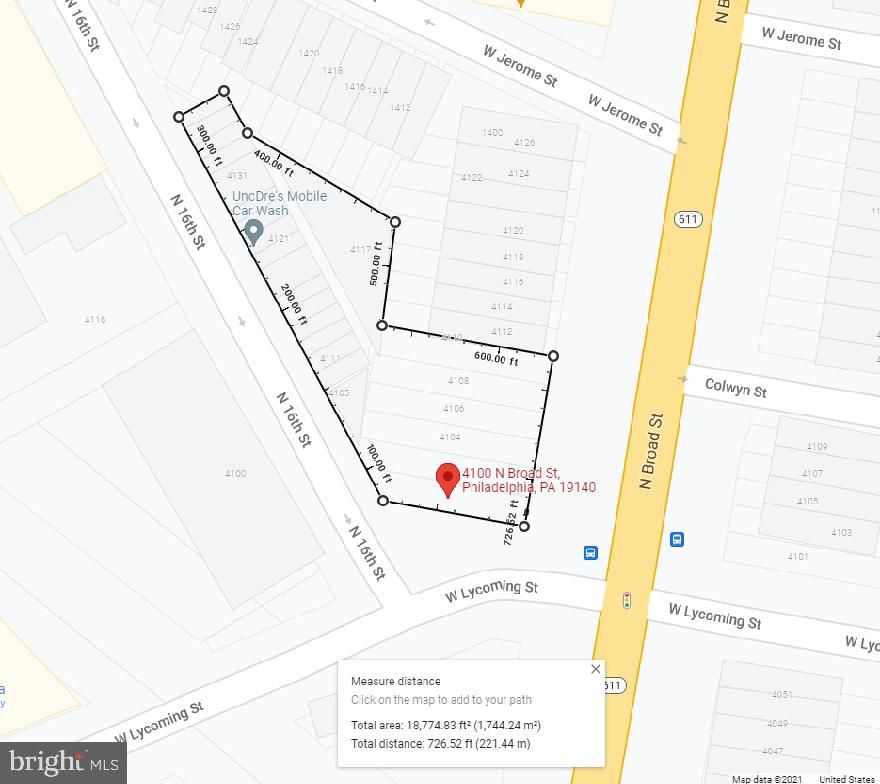The area of the lot is 19,335 +/- sq ft approximately, it is located in one on the biggest, principal arteries of Philadelphia (N Broad St) with 3 other main intersections in a close proximity (Roosevelt Blvd, Hunting Park Ave & Erie Ave). In this location there is a lot of residential and also commercial stores, 4 blocks down from this location start the well known and busy Temple Hospital that stretch down Broad to Temple University with its many buildings hosting students, doctors, nurses and many other people.  Up the street from this location is Hunting Park recreation center just 1 block away that brings a lot of visitors.  Broad St is a route that many people use to commute to and from center city Philadelphia to many areas in Philadelphia as well as the suburbs. This is a perfect corner spot for your business model.
