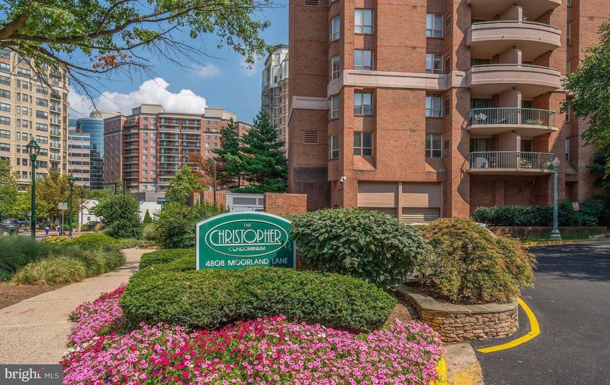 Location! Location! Location!   Spacious and sunny 2 bedroom 2 bath corner unit condo at the Christopher located in the heart of downtown Bethesda.   Open and bright fully equipped kitchen with  granite counters and gas cooking overlooking the dining and living room.  The primary bedroom  includes an oversized walk-in closet,  a bay window and an updated en-suite bathroom.  Good size second bedroom perfect for overnight guests or use as a home  office with easy access to an updated guest bathroom.  Ample closet space. Enjoy your morning coffee on your private covered balcony with nice views on the quiet side of the building.  HVAC replaced in 2016.  In-unit washer and dryer.  The unit also comes with a separately deeded garage parking space (G3-167). You will love all the amenities that come with this full service condo including 24/7 front desk, Secure Parking Garage, Outdoor Swimming Pool, Fitness Center, Meeting Room, Party Room, Bike Racks and a Grill/Picnic Area.  Surrounded by great restaurants, upscale boutiques, and grocery stores.  Only one block from the Bethesda Metro and close to the Capital Crescent Trail.   Pet friendly too.  Welcome home!