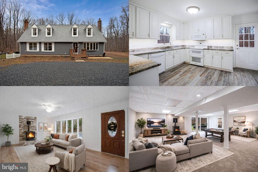 This beautifully remodeled Cape Cod home offers a peaceful retreat on a private 4.43-acre lot, surrounded by mature trees. The main level features gleaming hardwood floors, elegant molding, and a spacious eat-in kitchen with granite counters, tiled backsplash, double oven, and pantry. The owner's suite includes a private ensuite full bath, while two additional bedrooms and a full hall bath provide comfort and space. The living room is enhanced by a cozy pellet stove and a bay window that fills the room with natural light.

Upstairs, two enormous bedrooms and a full hall bathroom offer ample room for family or guests, along with extra storage space. The basement is a true highlight, featuring a family entertainment room with a second pellet stove, a bonus room, a full bath, a kitchenette, and a walk-out slider leading to the side yard.

The outdoor space is perfect for recreation and relaxation, with a daycare-quality playground, a storage shed, a fire pit, and a barn. The expansive backyard provides plenty of room for outdoor activities. The circular driveway allows for ample parking and space for a trailer, RV, or boat.

Located in a desirable school district with nearby beaches, parks, shopping, and restaurants, this property offers the perfect blend of privacy and convenience. Photos may be virtually staged