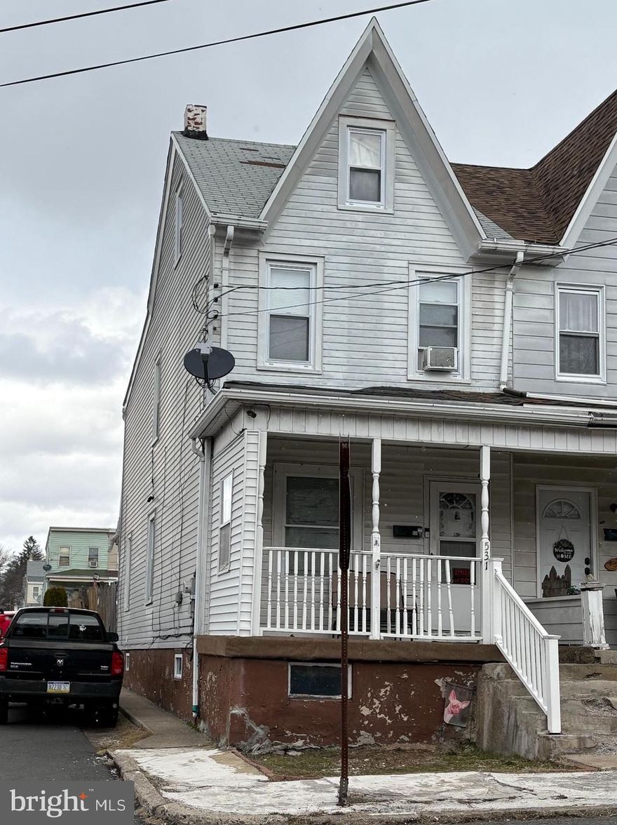 Semi-detached needs some TLC-first-floor features, such as a kitchen, dining area, and living room. The second floor has a modern full bath and two bedrooms, and the 3rd bedroom is currently being used as a closet., which could be converted back to a bedroom. Efficient coal heat with electric water heater. dishwasher and stove stay, but the current stove will be replaced by a different one. The attic is unheated but a great place for lots of storage or add heat and make an additional bedroom.  A rear-fenced yard, with a patio for relaxing, or the fence could be removed and use the space for off-street parking. The property is being sold as-is-where-is. The occupant is in the process of moving. Great investment opportunity. The occupant needs at least 30 days to move. Shown by appointment only .24-48 hour notice. A Licensed realtor must accompany clients. SETTLEMENT TO OCCUR IN SCHUYLKILL COUNTY AND MUST BE WRITTEN INTO THE OFFER. Call the listing agent before showing. CASH ONLY!!!