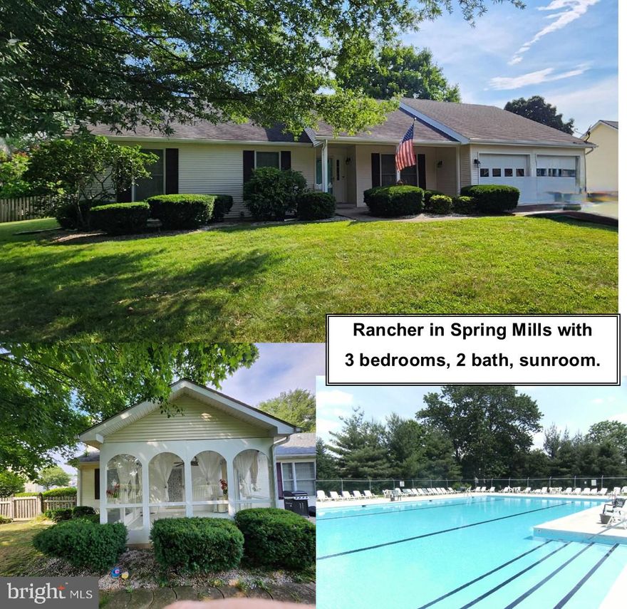 Rancher in Spring Mills, this Kinston model built by Panhandle Homes features wonderful 1 level living. Home has been freshly painted, powered washed on outside and professional cleaning. Formal dining and formal living room with hardwood flooring. Updated kitchen with granite countertops, island, breakfast nook, and a family room with electric fireplace off the kitchen all with hardwood flooring. . It also includes 3 bedrooms with luxury vinyl plank flooring, hall bath and an updated primary bathroom with walk-in shower, double bowl sink. Sunroom with tile flooring, patio, fenced rear yard and attached 2 car garage. Home is a short walk to the amazing amenities that Spring Mills offers including pool, tennis, gazebo for picnics and a nature walking trail that meanders through the development.