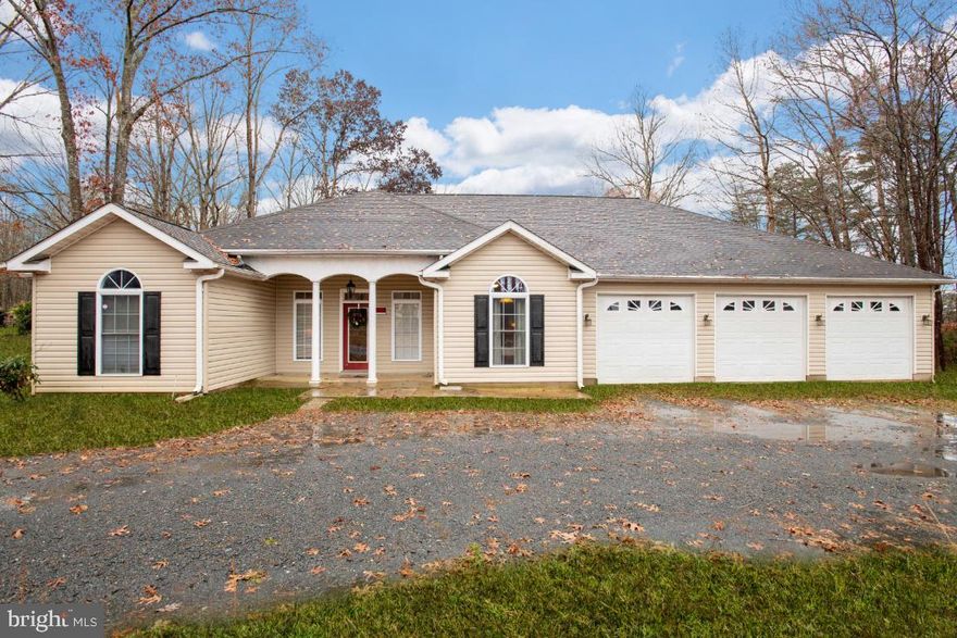 BACK ON MARKET (thru no fault of seller)!  One-level living at its finest!  Spacious, custom-designed and built, light-filled rambler with 4 bedrooms and 2 ½ baths on 2+ acres backing to woods.  No HOA!!   Open floor plan perfect for entertaining.  Split bedroom layout – master on one side of the living area and the 3 other bedrooms on the opposite side.  Eat-in Kitchen with plenty of cabinets.  Large living room/dining room/great room with vaulted ceilings.  Master suite features its own bathroom and large jacuzzi tub.  Expansive sunroom leads to the back yard, which is partially fenced in and features a Gazebo and Firepit.  3-car garage has room for a 4th behind one.  Circular driveway.  Outbuildings include a shed and covered pavilion/carport.  Close to Fredericksburg.   You must see this home to appreciate all it has to offer!