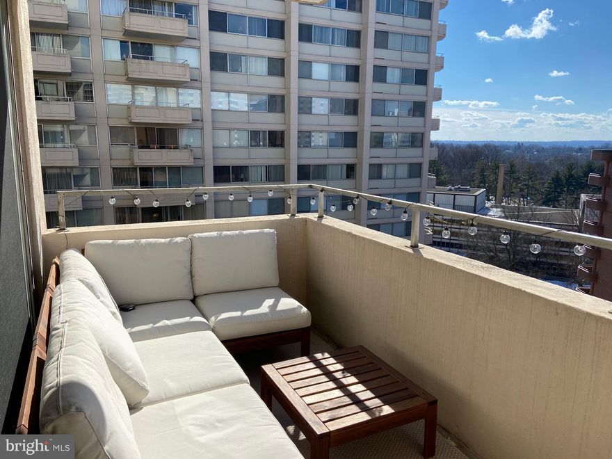 Light filled two bedroom two bath apartment with balcony in The Willoughby, located a few blocks from Friendship Heights Metro (Red Line). Corner unit boasts stunning panoramic views of the Friendship Heights neighborhood. Enjoy fabulous sunsets and fresh air  from the balcony. Excellent closet space throughout.  Condo fee includes ALL utilities. 1 Indoor parking space . Full service building! 24hr front desk, roof top pool, gym in the building