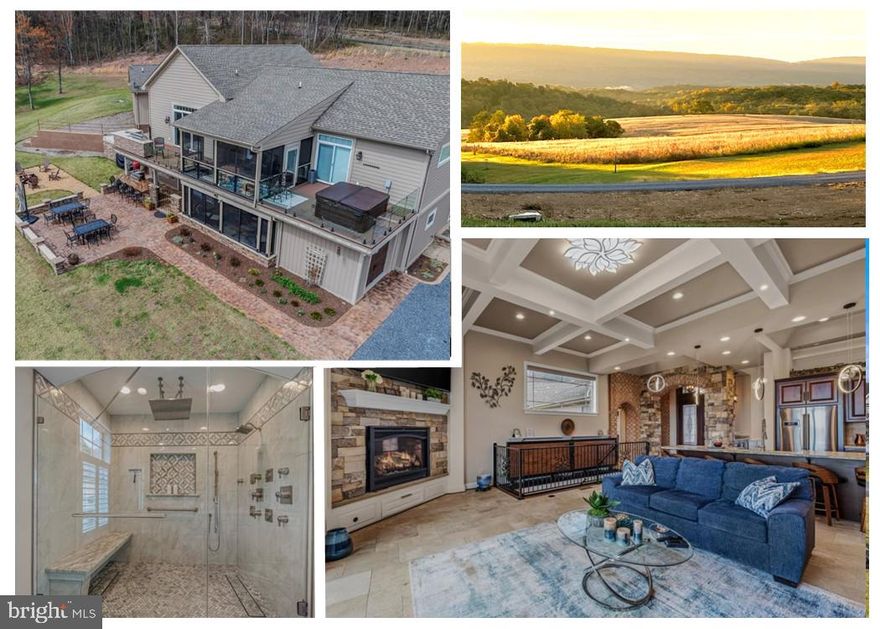 **OPEN HOUSE SUNDAY, MAY 3rd, FROM 12 - 4pm.  4680 finished sq. ft. ** Experience unmatched craftsmanship and mountain‑view living in this extraordinary custom ranch home set on 2.4 scenic acres. Designed and built by the owner—an accomplished custom builder—this residence showcases a level of quality rarely found in today’s market. Every detail reflects thoughtful design, timeless materials, and over‑the‑top luxury from the moment you step inside. Crown molding throughout, granite steps, and custom cabinetry and granite in nearly every room elevate the home’s refined character. This property is also thoughtfully designed for multigenerational living, offering exceptional flexibility with two complete living spaces. The home’s soaring 12-foot ceilings set a tone of luxury from the moment you enter. The foyer welcomes you with 8-foot double doors featuring etched leaded glass, opening into a striking brick-and-stone arch that frames the transition into the main living areas. In the great room, an elegant coffered ceiling adds architectural depth and sophistication, while the kitchen and dining room feature one‑of‑a‑kind custom ceiling designs that bring character and artistic flair to each space. Together, these elevated details make the main living areas feel both expansive and uniquely refined. The gourmet kitchen is a chef’s dream, featuring a 6-burner gas stove with a pot filler, ample counter space, and custom finishes. There is also a separate pantry and coffee bar area. Large windows throughout the home invite natural light and breathtaking views of the surrounding landscape. The master suite is a private retreat that includes a fireplace, multiple built-ins, a spa-like bathroom with an 8'x5' walk-in tiled shower with a heated floor and bench, an overhead rain shower with an ensemble of full-body adjustable showerheads, and a walk-in closet. It has direct access to the hot tub and outdoor living areas. Outdoor amenities for the main level include a deck that spans the length of the home with a screened-in porch and a full outdoor kitchen with a grill, double side burner, fridge, and sink. The lower level features its own driveway, private entrances, a full kitchen, and dedicated outdoor living spaces—including an outdoor kitchen, a patio, and a screened-in porch. Inside, the living room offers a cozy gas fireplace, while each bedroom includes its own electric fireplace. This level also includes a spacious laundry room and a well‑appointed Jack‑and‑Jill bathroom for added convenience. The yard is beautifully landscaped, and there is plenty of room for future expansion or recreational activities. The home also features a spacious game room equipped with a pool table, ping‑pong, a round poker table, a Pac‑Man arcade machine, and a television, along with an outdoor fire pit for gathering and relaxation. This home combines luxury, functionality, and craftsmanship in a way that is truly exceptional.